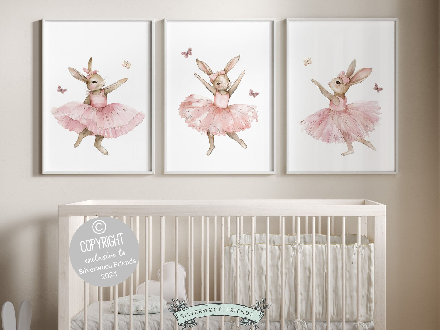 Our gorgeous Bunny Ballet Nursery Prints with ballerina bunny rabbits in pale pink tutus with wildflower ribbons and butterflies, is perfect for your little girls ballet nursery decor and also makes a unique ballet baby shower gift.