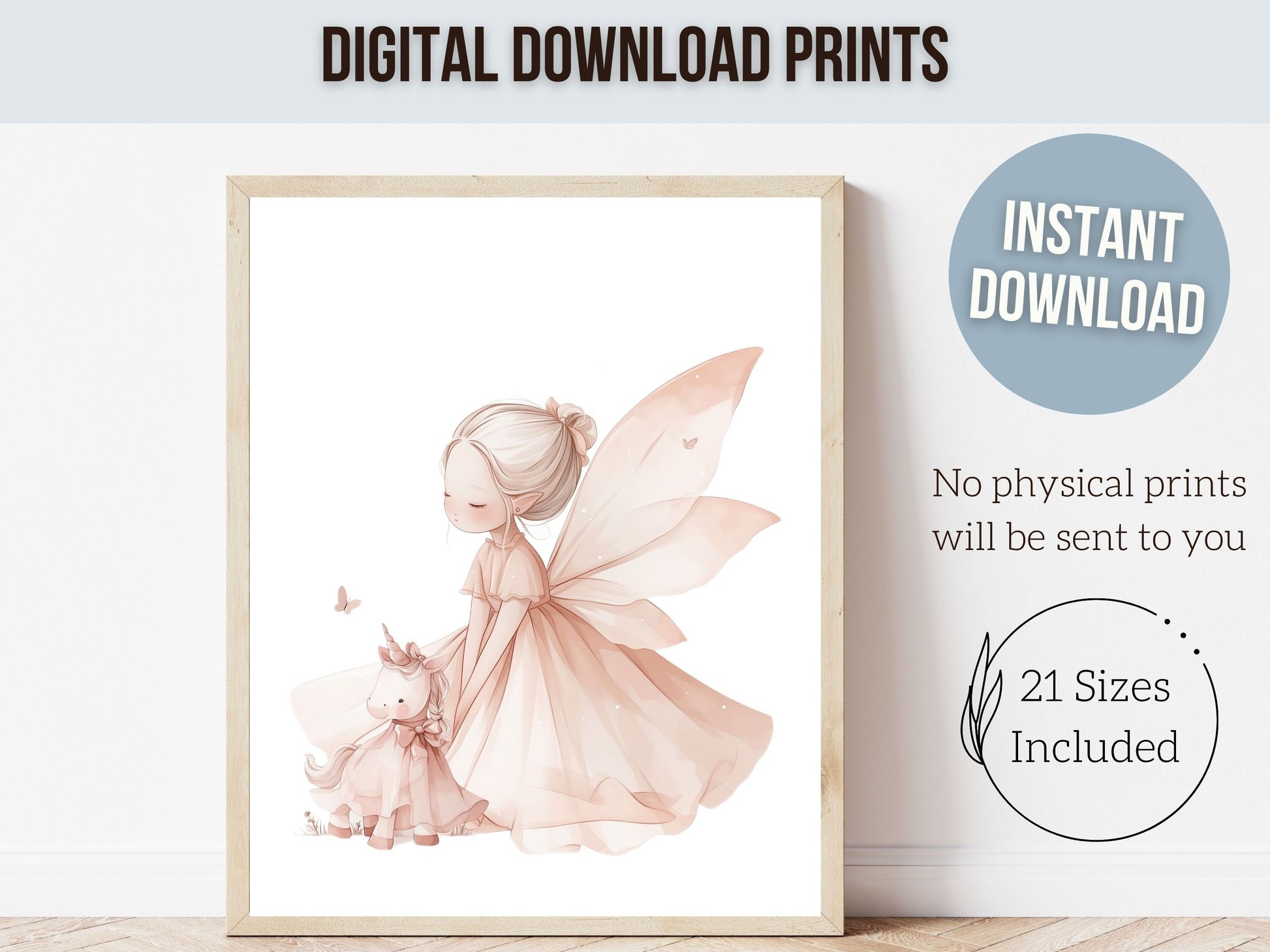 Fairytale Nursery Prints, Baby Girls Fairy Unicorn Nursery Print, Girls Pastel Pink Bunny Bedroom Decor, Fantasy Nursery Decor Digital Print