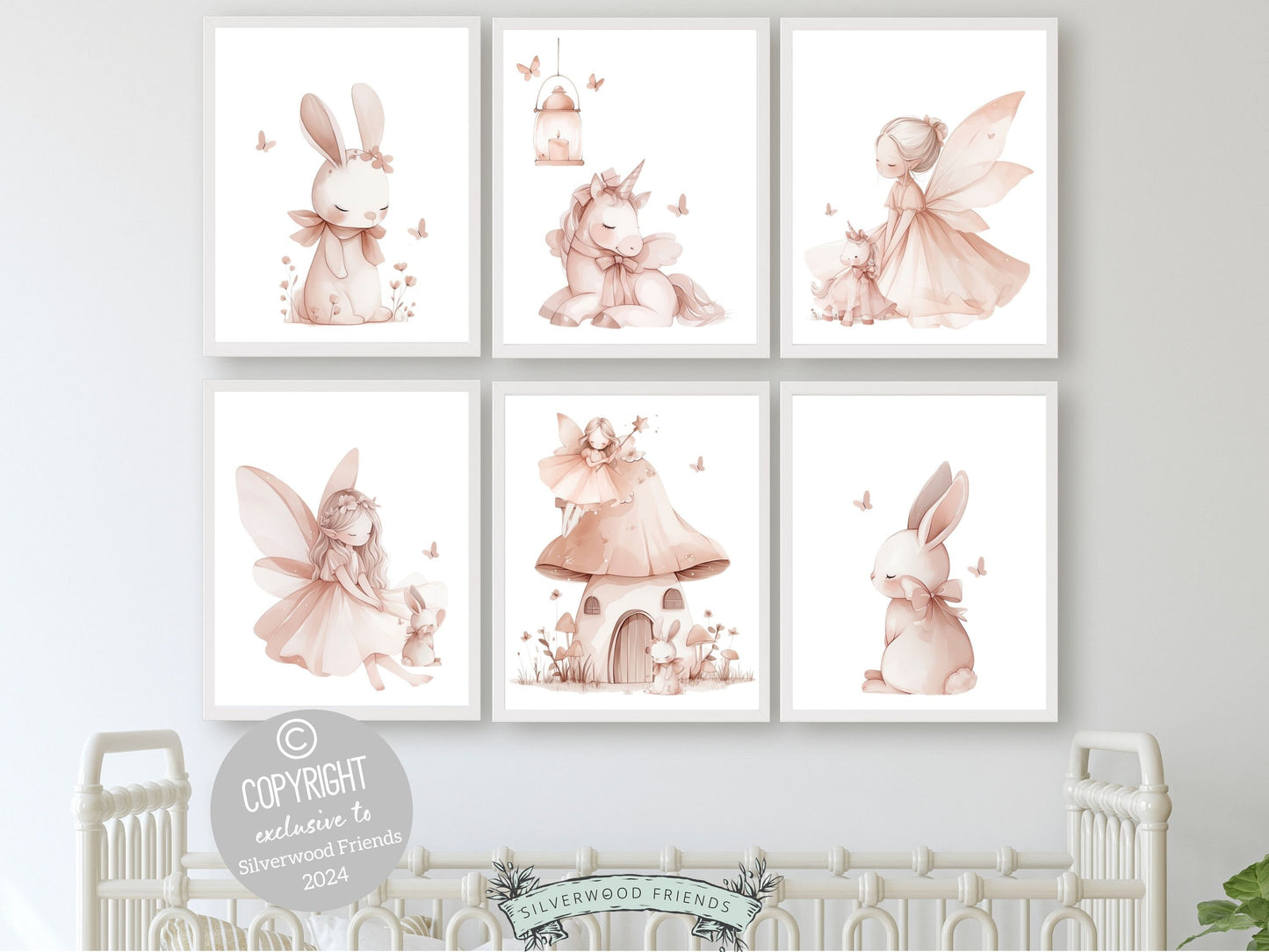 Set of 6 Fairytale Nursery Prints featuring fairies, unicorns and adorable bunny rabbits. These pastel pink prints will add a touch of magic and wonder to your babys nursery decor and also makes a lovely baby shower gift.