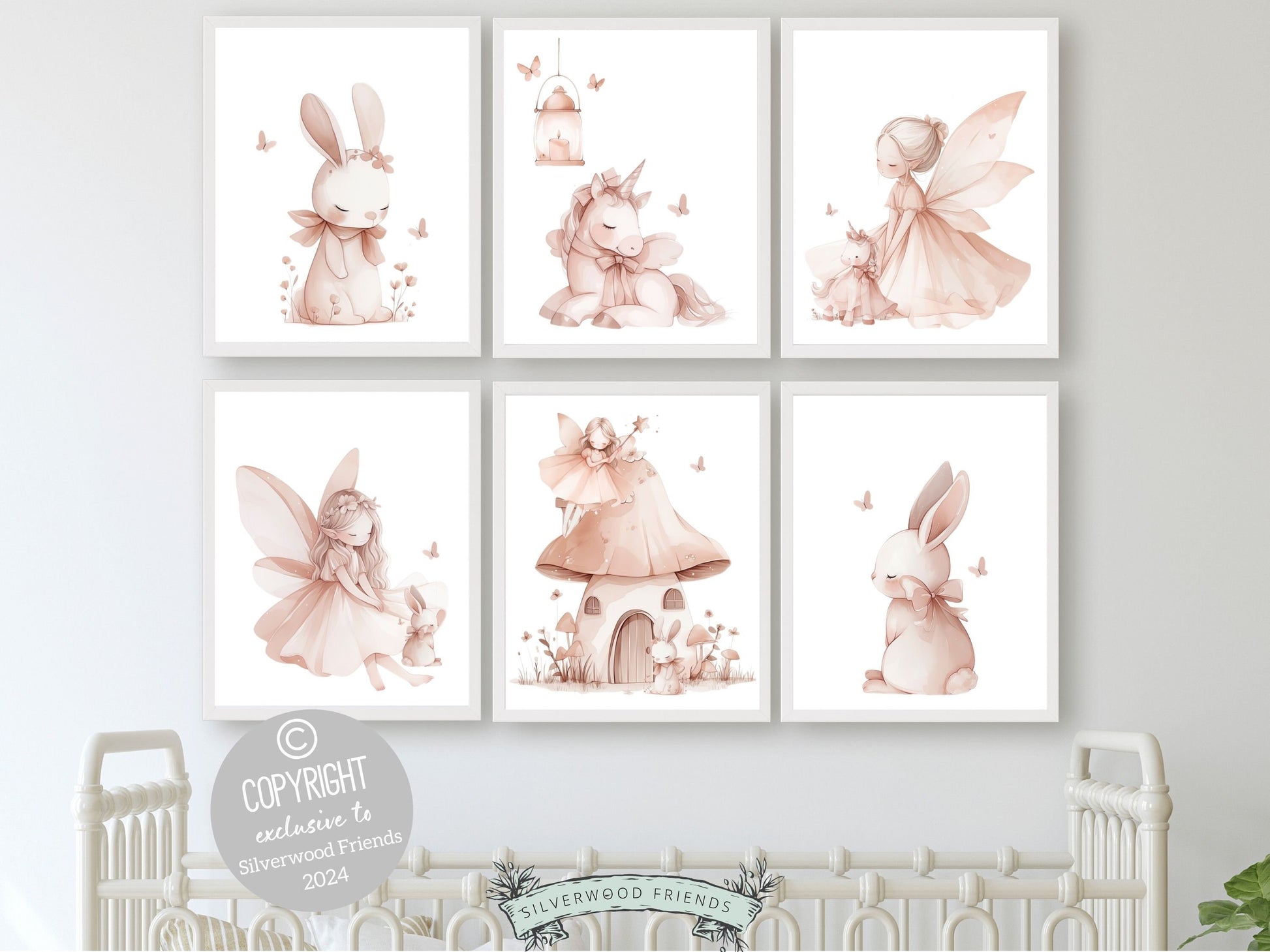 Set of 6 Fairytale Nursery Prints featuring fairies, unicorns and adorable bunny rabbits. These pastel pink prints will add a touch of magic and wonder to your babys nursery decor and also makes a lovely baby shower gift.