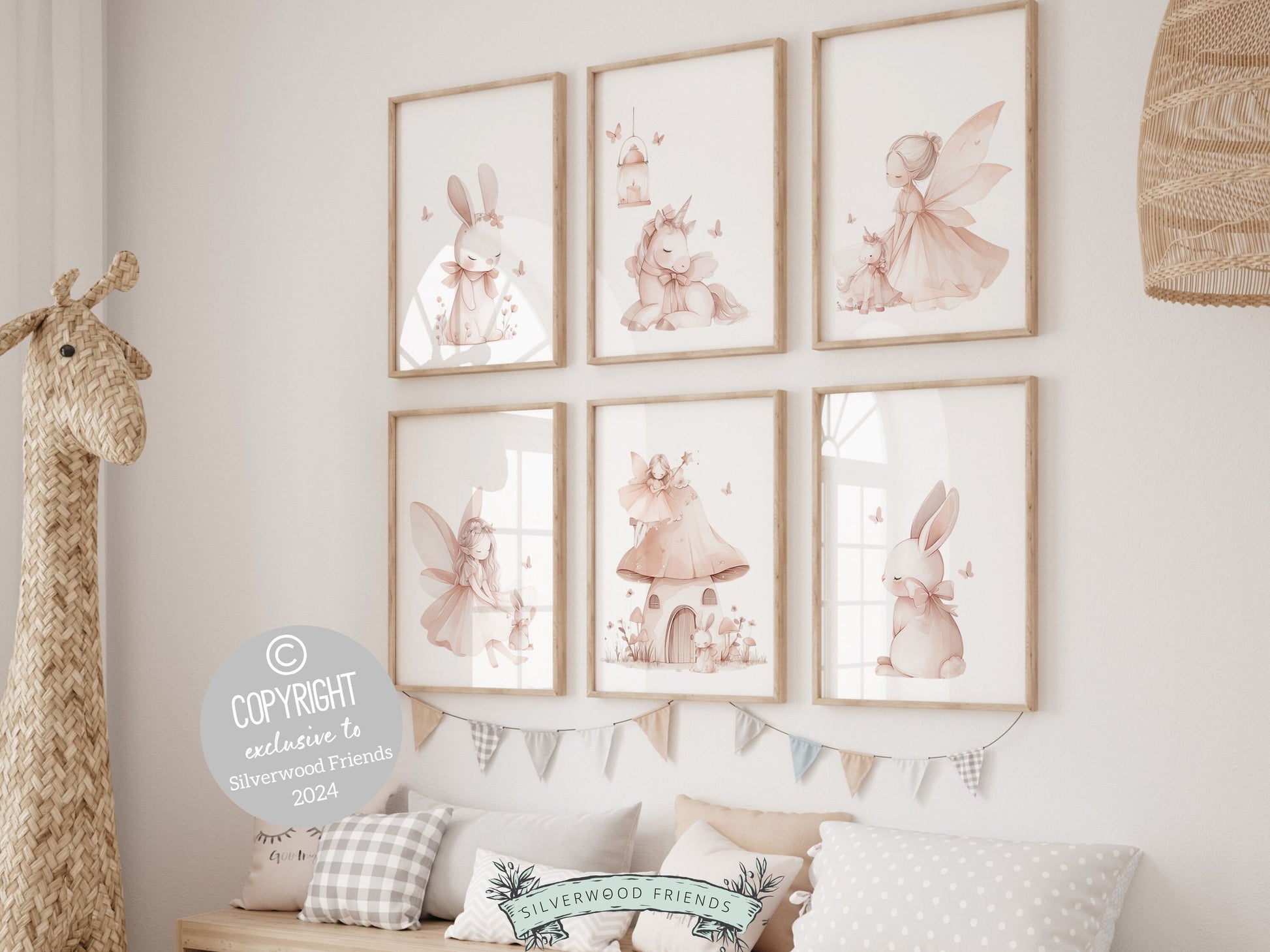 Fairytale Nursery Prints, Baby Girls Fairy Unicorn Nursery Print, Girls Pastel Pink Bunny Bedroom Decor, Fantasy Nursery Decor Digital Print