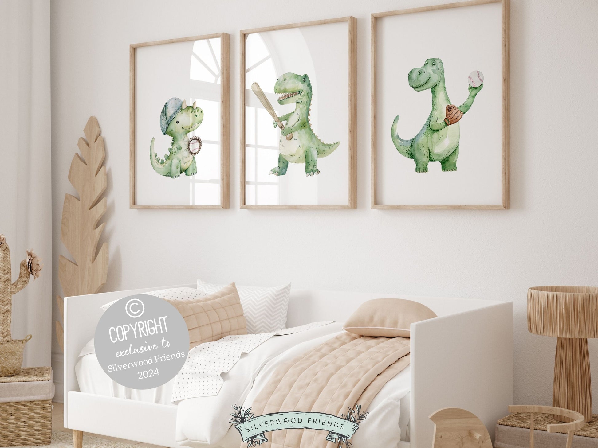 Dinosaur Baseball Nursery Prints, featuring green watercolor dinosaurs playing baseball. Our ORIGINAL print set is perfect for your sport nursery decor or dinosaur theme bedroom and also makes a unique baby shower gift.