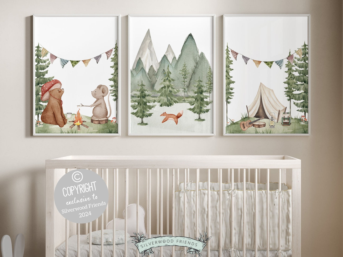 Our adorable watercolor Camping Nursery Prints with woodland forest animals and mountain landscape are the perfect addition to your babys woodland nursery or forest theme bedroom and also make a lovely woodland baby shower gift.