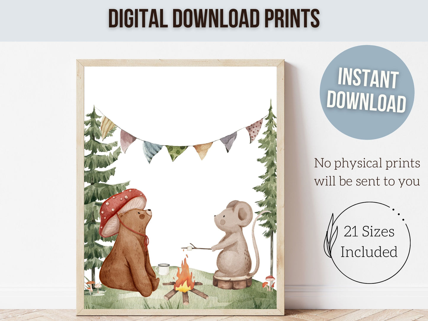 Camping Nursery Prints, Woodland Hiking Nursery Decor, Bear Nursery Wall Art, Nature Nursery Picture, Forest Mountains Nursery Digital Print