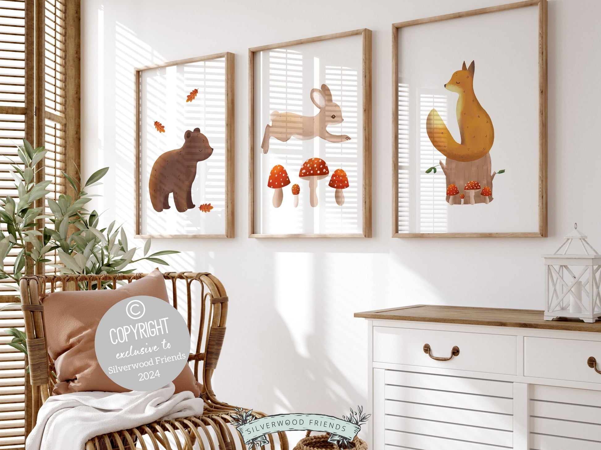 Set of 3 Woodland Nursery Prints, featuring adorable woodland animals amidst delightful mushrooms and fall leaves — perfect for creating a whimsical atmosphere in your woodland nursery decor or as a heartwarming gender neutral baby shower gift.