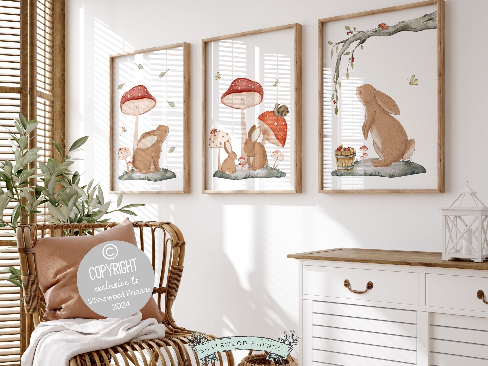 Woodland Bunny Mushroom Nursery Print, Woodland Bunny Mushroom Nursery Decor, Boho Kids Room Wall Decor Nature Nursery Theme Digital Prints