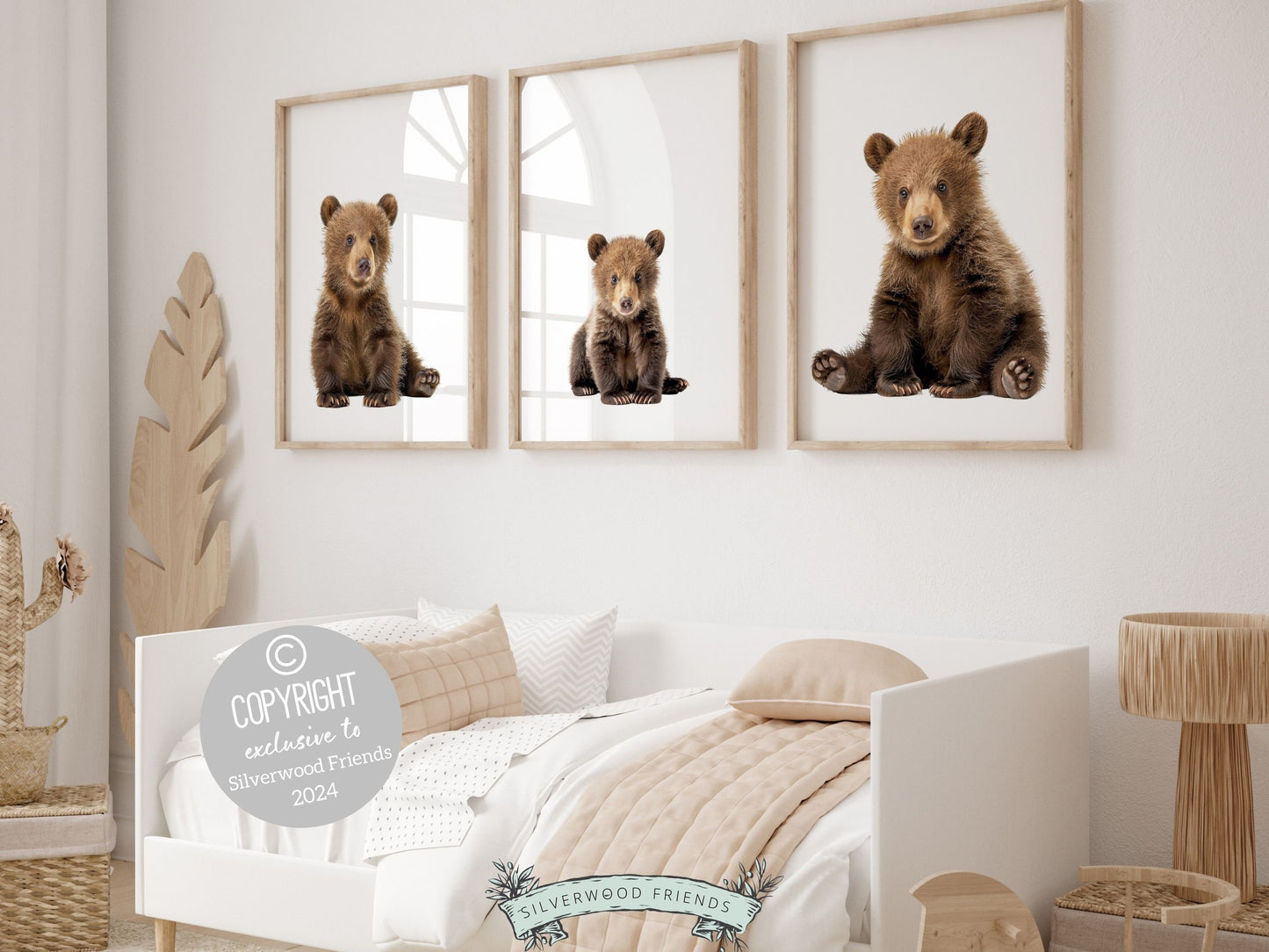 Set of 3 minimalist Bear Nursery Prints, showcasing a daddy, mommy, and baby brown bear. Perfect for your woodland nursery decor, these charming prints promise to infuse enchantment and also make an unforgettable baby shower gift.