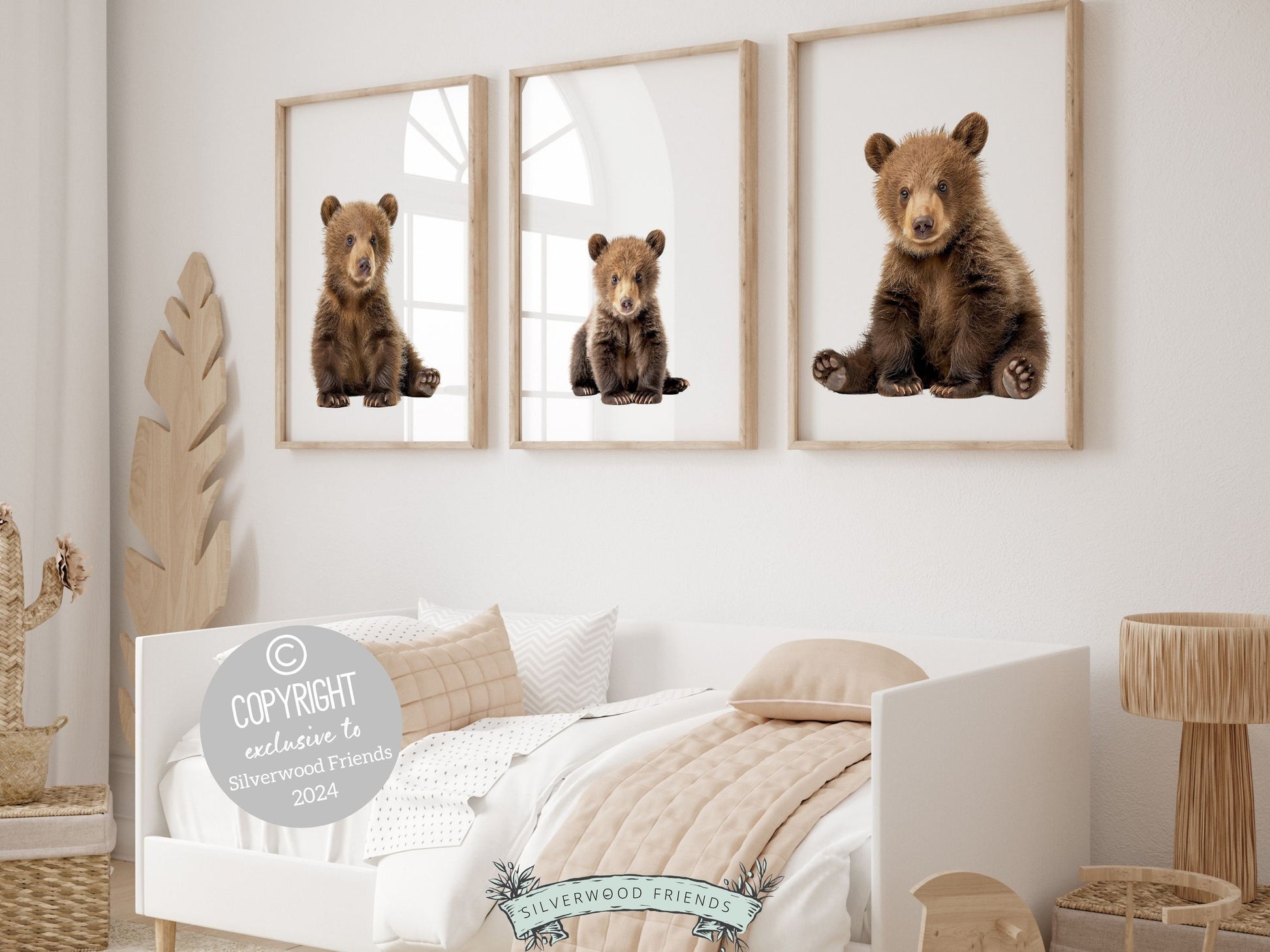 Set of 3 minimalist Bear Nursery Prints, showcasing a daddy, mommy, and baby brown bear. Perfect for your woodland nursery decor, these charming prints promise to infuse enchantment and also make an unforgettable baby shower gift.