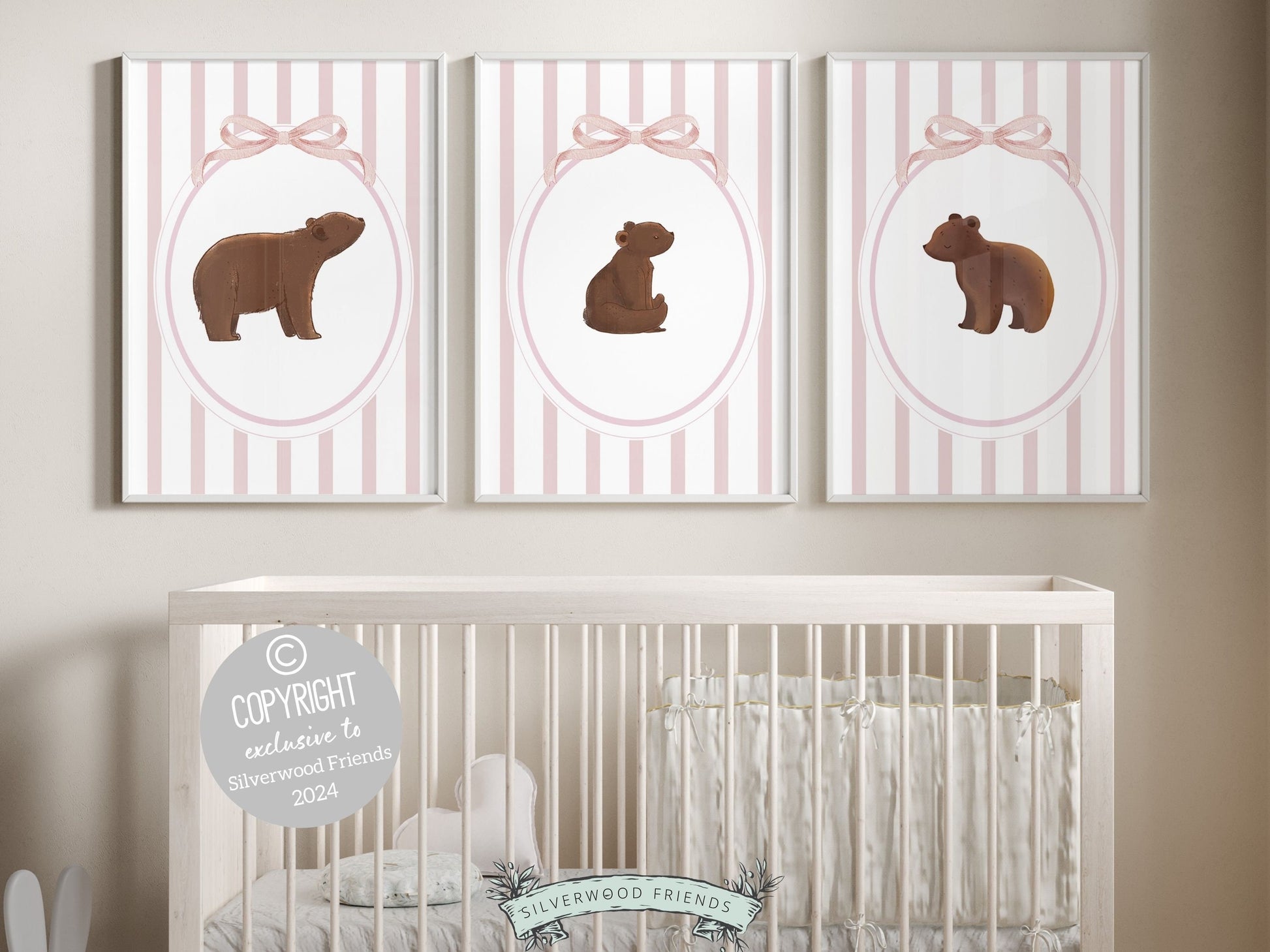 Our delightful minimalist Set of 3 Bear Nursery Prints features adorable brown woodland bears with chinoiserie pink and white stripes and is perfect for your bear nursery decor or woodland nursery and makes a unique baby girl baby shower gift.