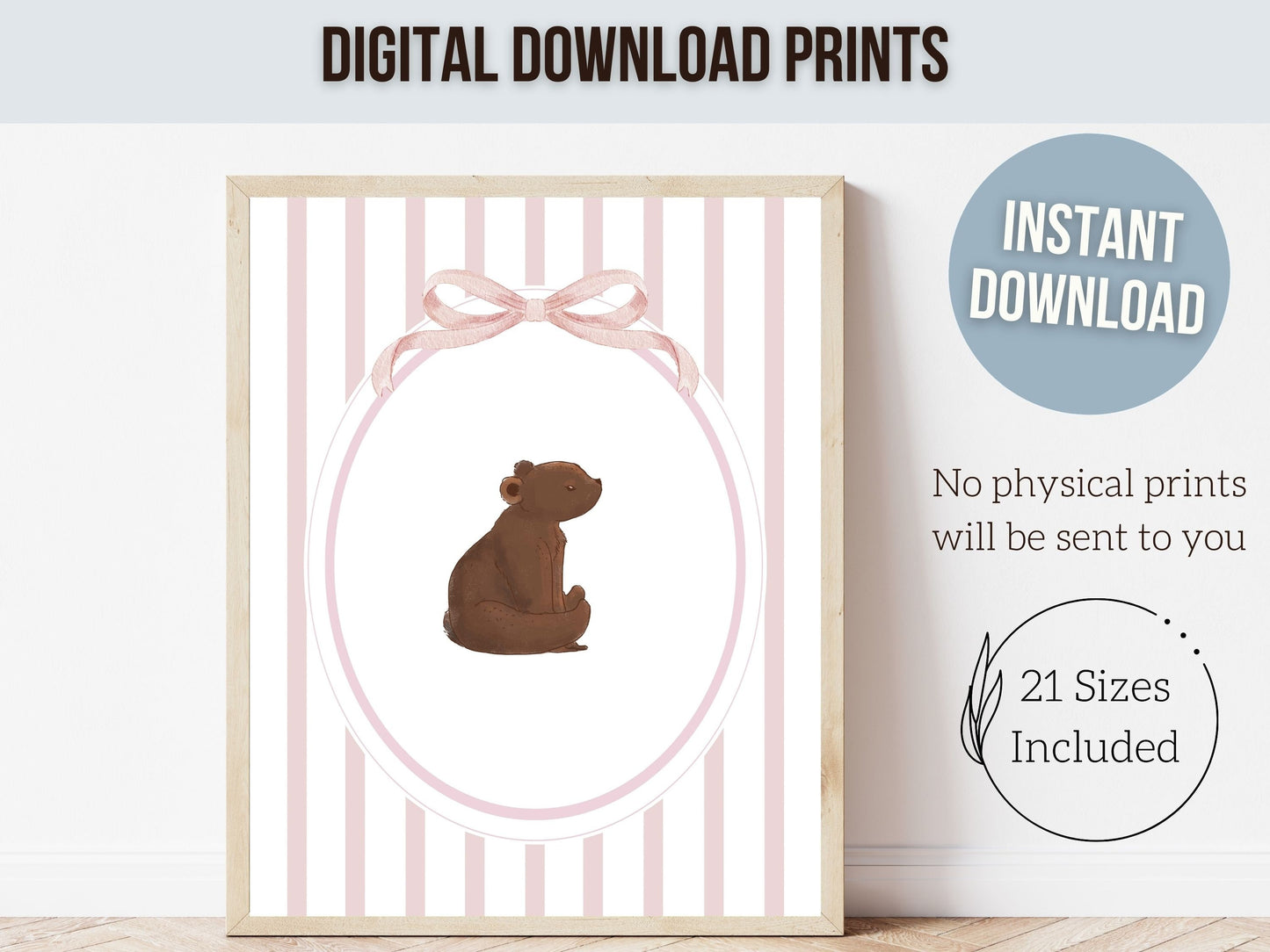 Bear Nursery Prints, Brown Bear Pink Nursery Decor, Teddy Bear Chinoiserie Nursery Wall Art, Woodland Bear Nursery Poster Digital Prints
