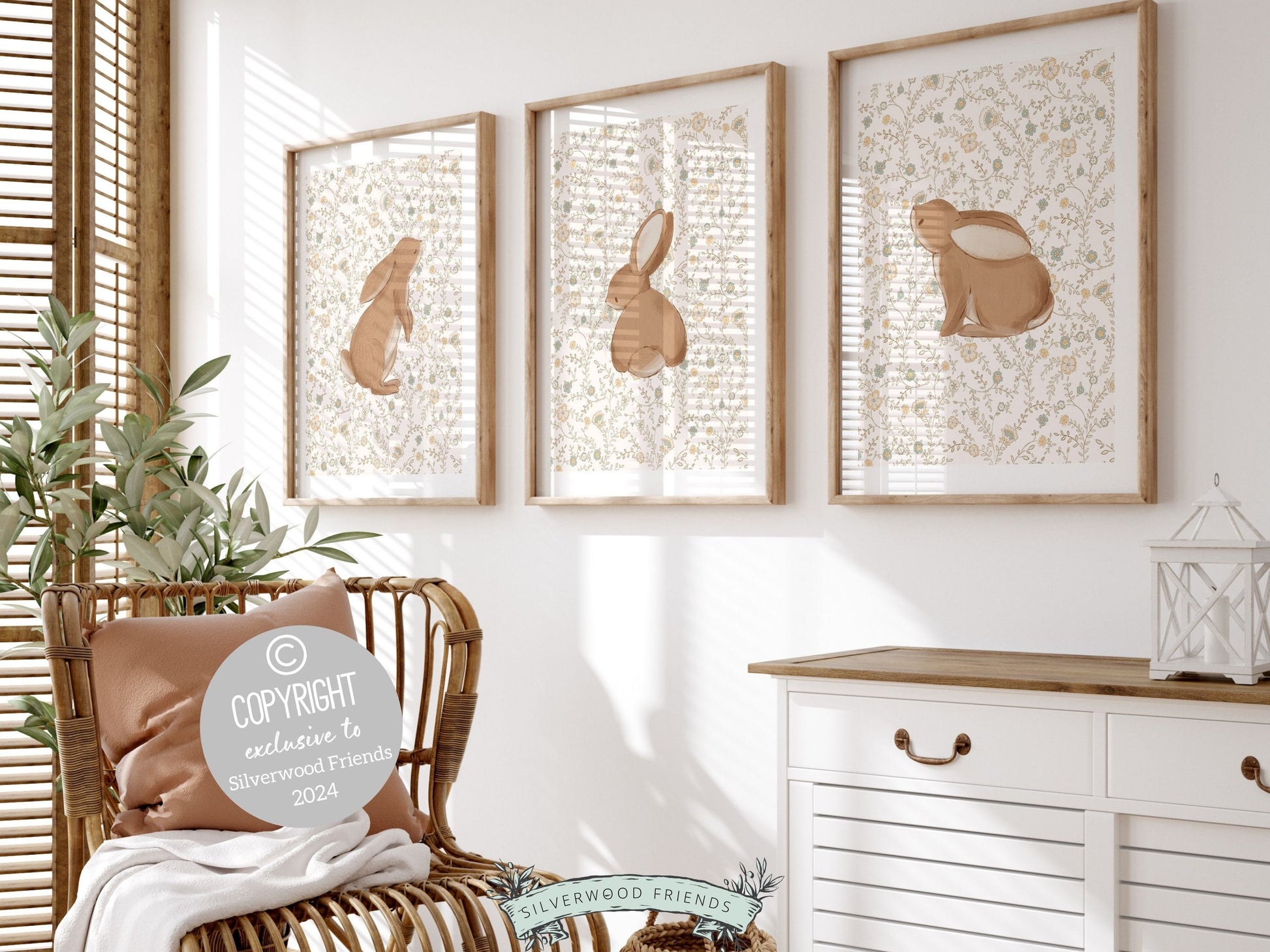 Bunny Nursery Print Set, Woodland Wildflower Bunny Nursery Decor, Floral Bunny Nursery Wall Art Printable Bunnies Wall Decor Digital Print