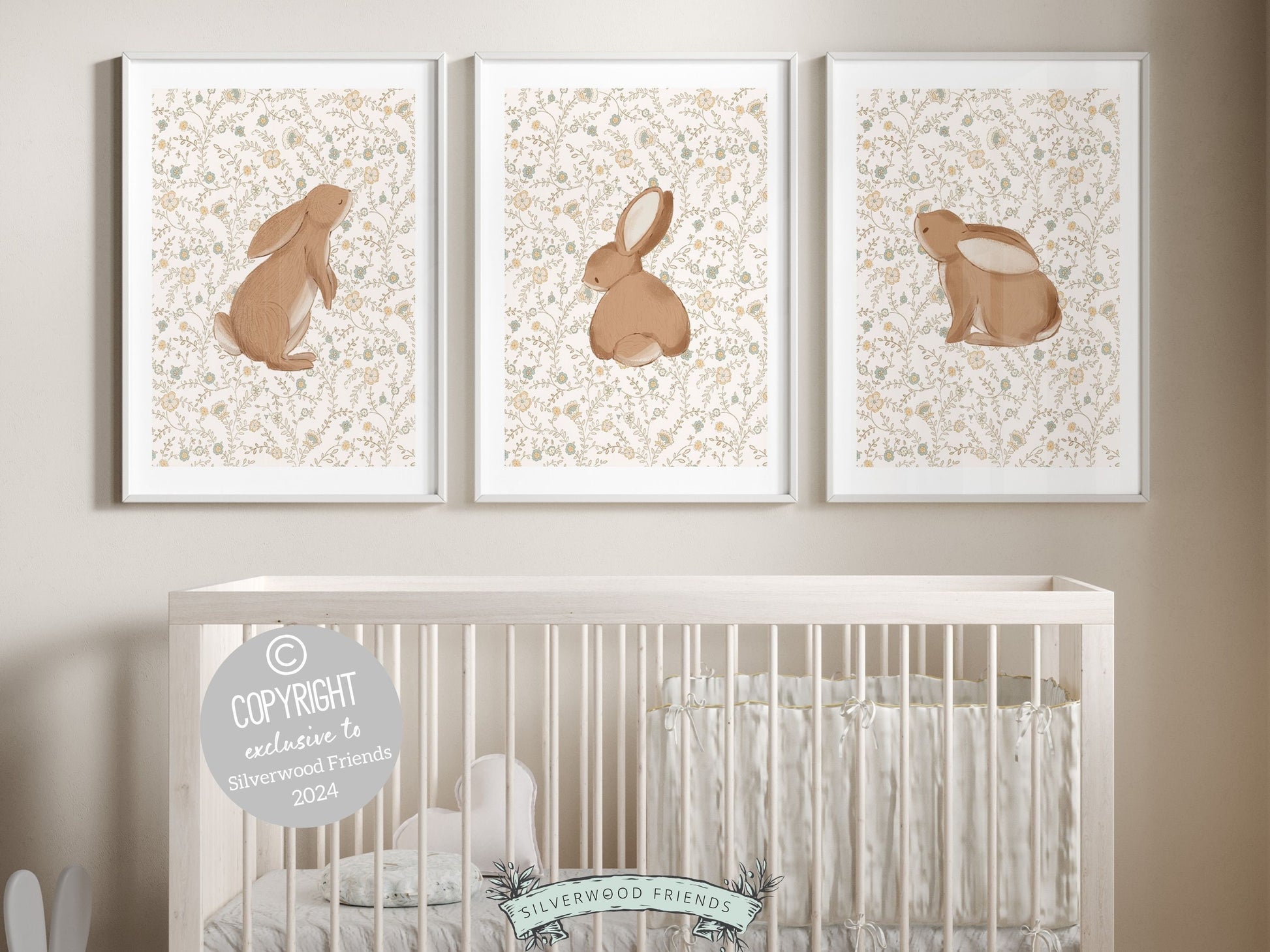 Our gorgeous Bunny Nursery Print Set of 3, showcasing adorable bunny rabbits on a neutral floral pattern is perfect for your woodland nursery or wildflower nursery decor and makes a unique gender neutral baby shower gift for both boys and girls.