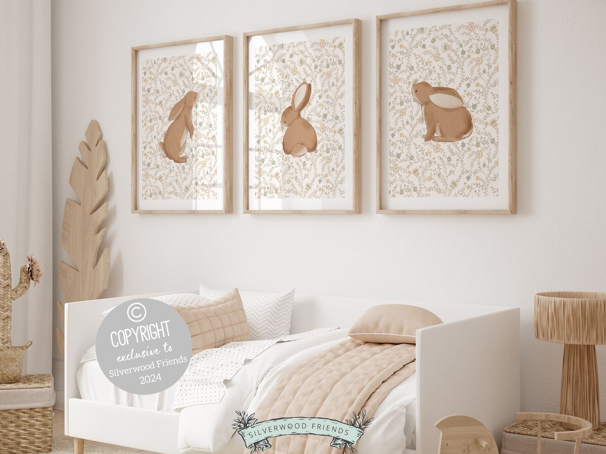 Bunny Nursery Print Set, Woodland Wildflower Bunny Nursery Decor, Floral Bunny Nursery Wall Art Printable Bunnies Wall Decor Digital Print