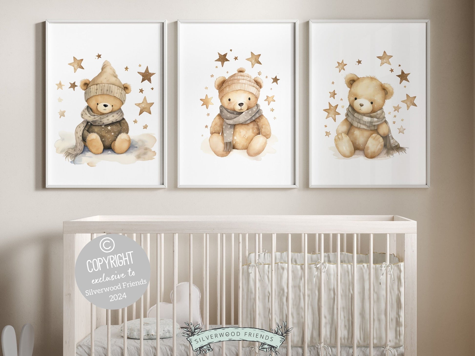Set of 3 Teddy Bear Nursery Prints featuring teddy bears under a star studded sky. The neutral color palette makes it the perfect addition to your neutral nursery theme or as a unique gender neutral baby shower gift.