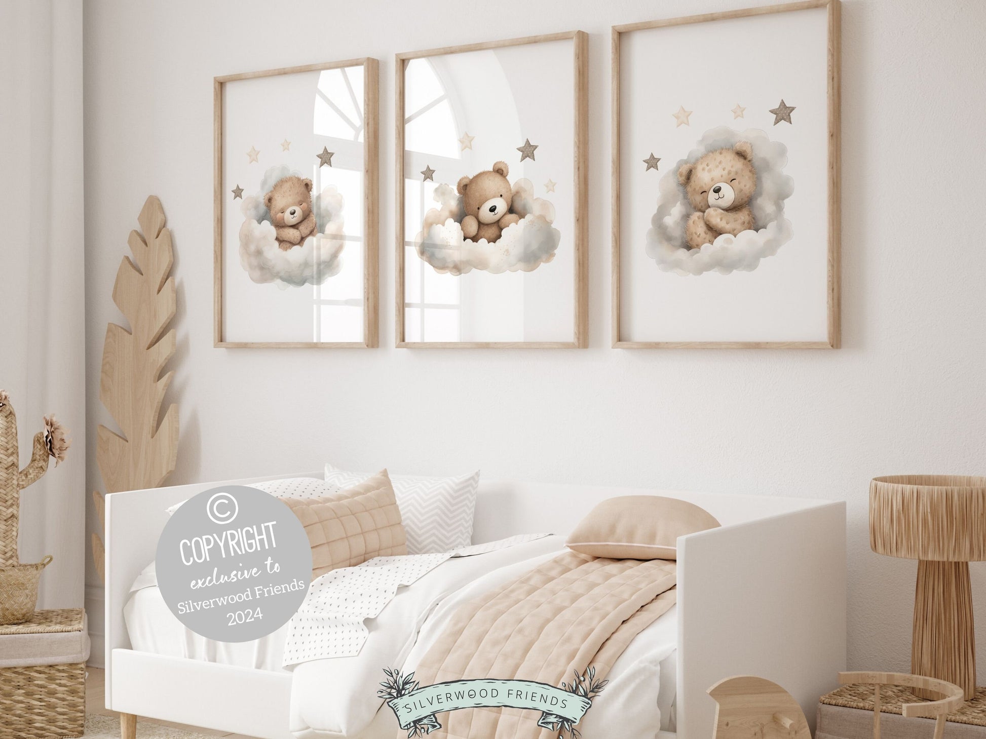 Set of 3 Teddy Bear Nursery Prints featuring teddy bears sleeping in clouds under a star studded sky. The neutral color palette makes it the perfect addition to your neutral nursery theme or as a unique gender neutral baby shower gift.