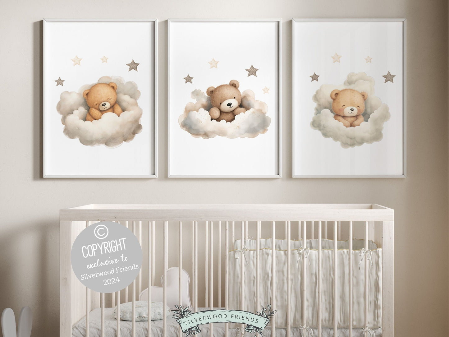 Set of 3 Teddy Bear Nursery Prints featuring teddy bears sleeping in clouds under a star studded sky. The neutral color palette makes it the perfect addition to your neutral nursery theme or as a unique gender neutral baby shower gift.
