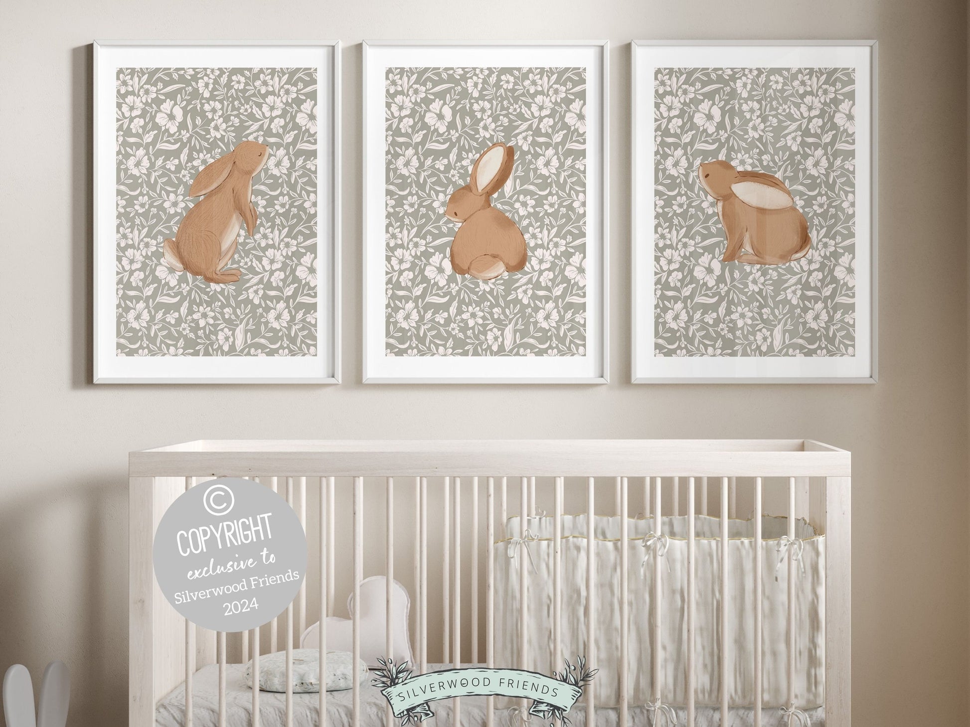 Our gorgeous Bunny Nursery Print Set of 3, showcasing adorable bunny rabbits on a neutral floral pattern is perfect for your woodland nursery or wildflower nursery decor and makes a unique baby shower gift.