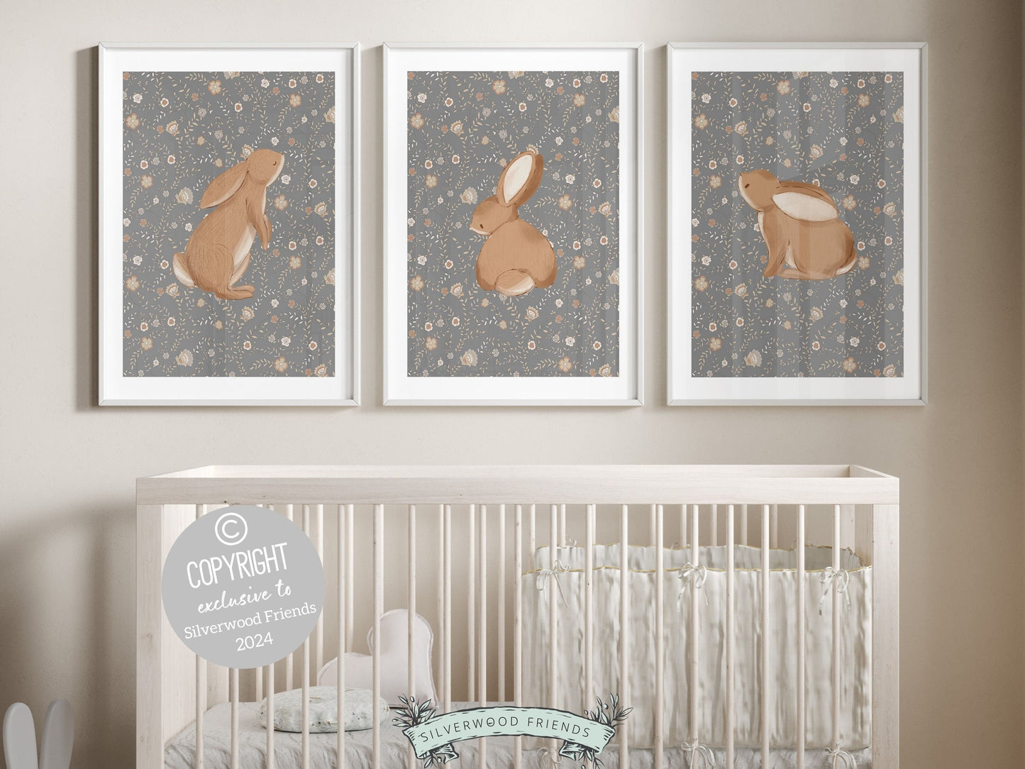 Our gorgeous Bunny Nursery Print Set of 3, showcasing adorable bunny rabbits on a neutral floral pattern is perfect for your woodland nursery or wildflower nursery decor and makes a unique baby shower gift.