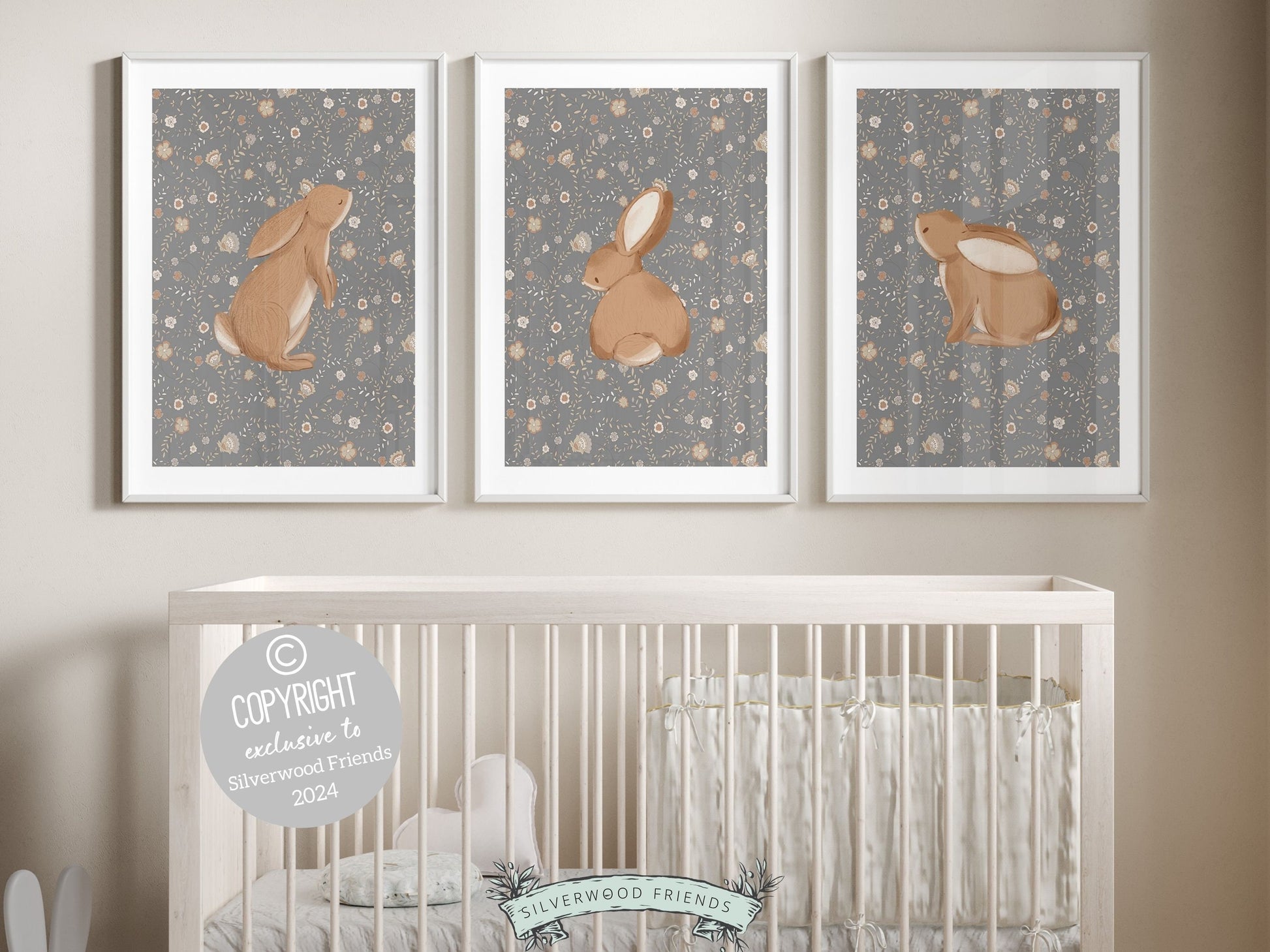 Our gorgeous Bunny Nursery Print Set of 3, showcasing adorable bunny rabbits on a neutral floral pattern is perfect for your woodland nursery or wildflower nursery decor and makes a unique baby shower gift.