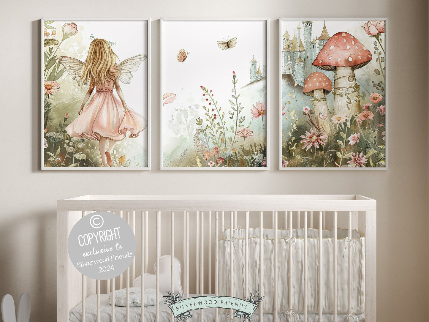 Wildflower Fairy Nursery Prints with watercolor fairy, mushrooms, castle, butterflies and wildflowers is perfect for your baby girls wildflower nursery decor or fairy theme bedroom and also makes a lovely baby shower gift that will be adored.