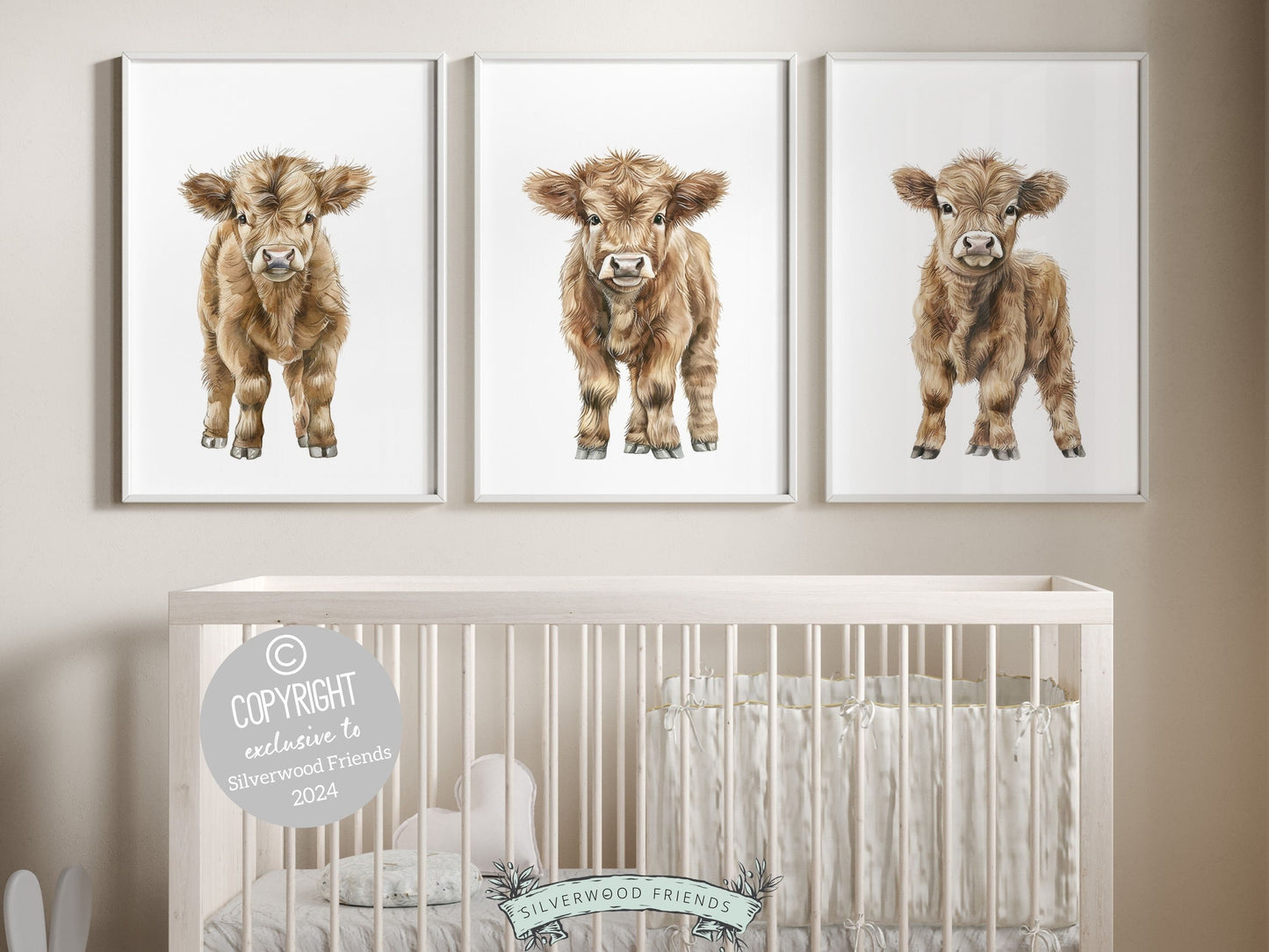 Our Highland Cow Nursery Prints features adorable watercolor baby highland cows set on a white background and is perfect for your farm nursery decor or as a unique farm baby shower gift.