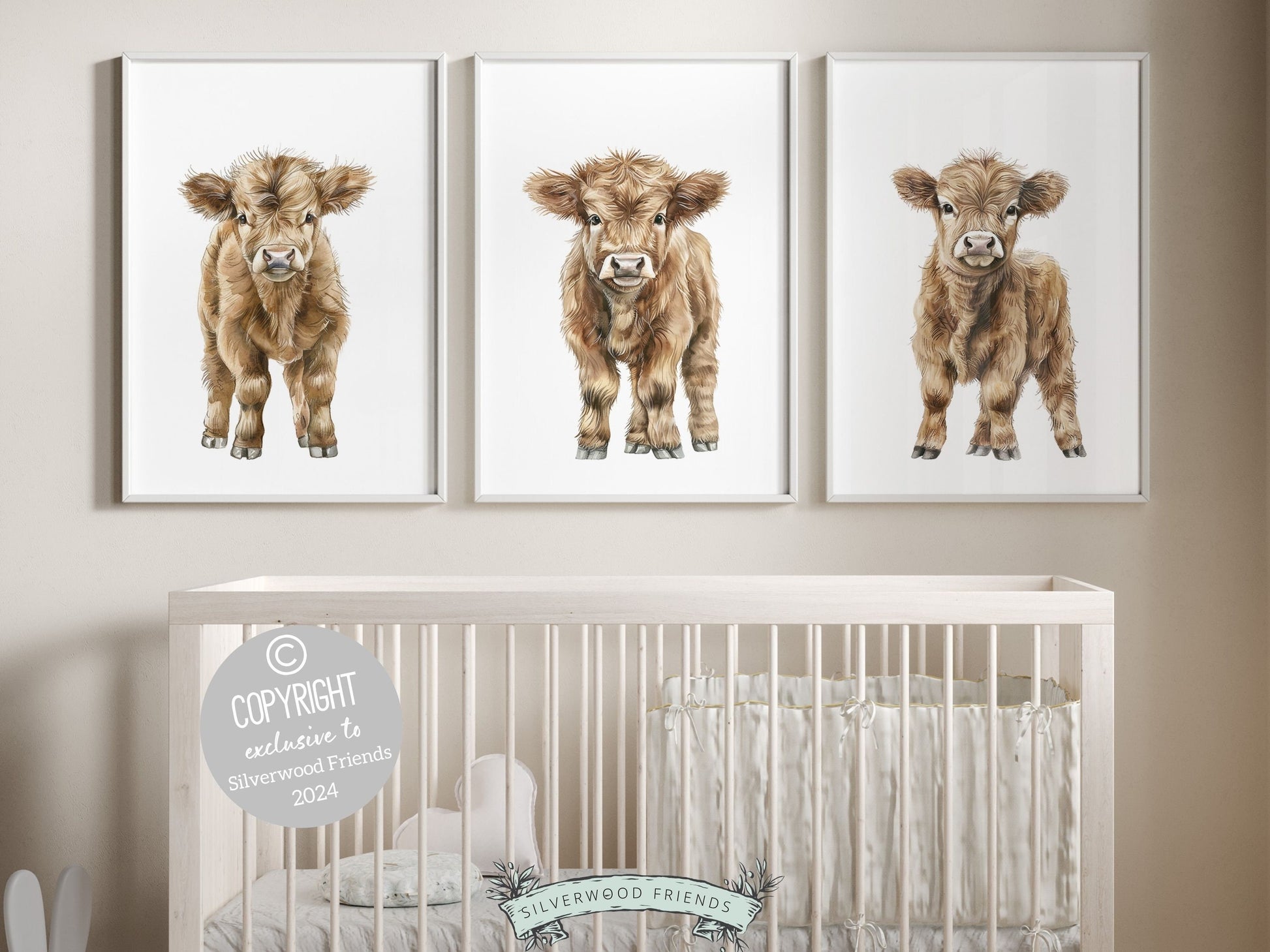 Our Highland Cow Nursery Prints features adorable watercolor baby highland cows set on a white background and is perfect for your farm nursery decor or as a unique farm baby shower gift.