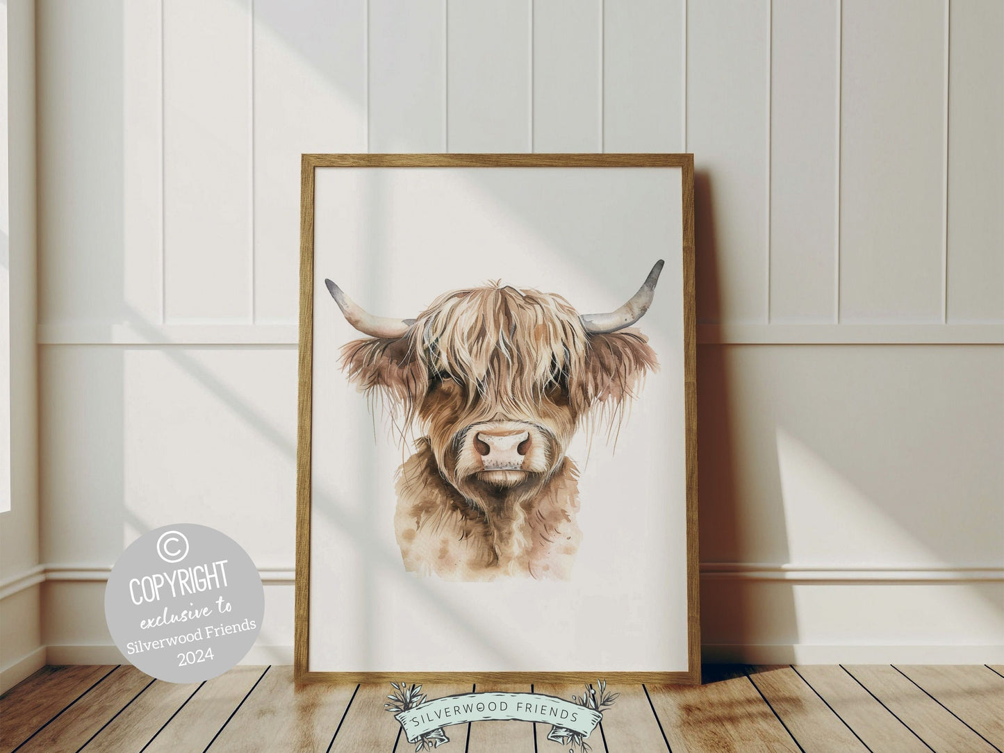 Highland Cow Print features a charming highland cow set on a crisp white background and is perfect for adding a touch of farm charm to any room in your house. Ideal for nursery decor or as a baby shower gift, this print brings character to any space.