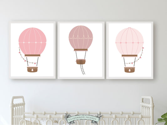 Blush Pink Hot Air Balloon Nursery Prints, Baby Girl Blush Pink Air Balloon Nursery Decor, Girls Blush Pink Nursery Digital Prints