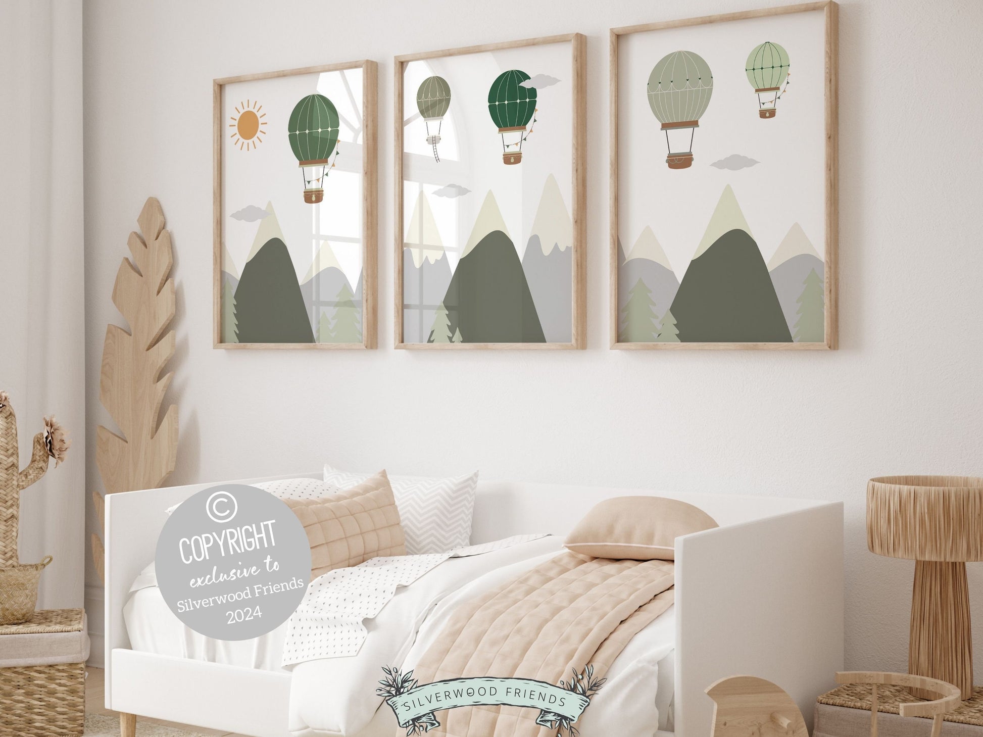 Green Hot Air Balloon Nursery Prints, Green Mountain Adventure Nursery Decor, Toddler Boys Transport Adventure Room Wall Decor Digital Print