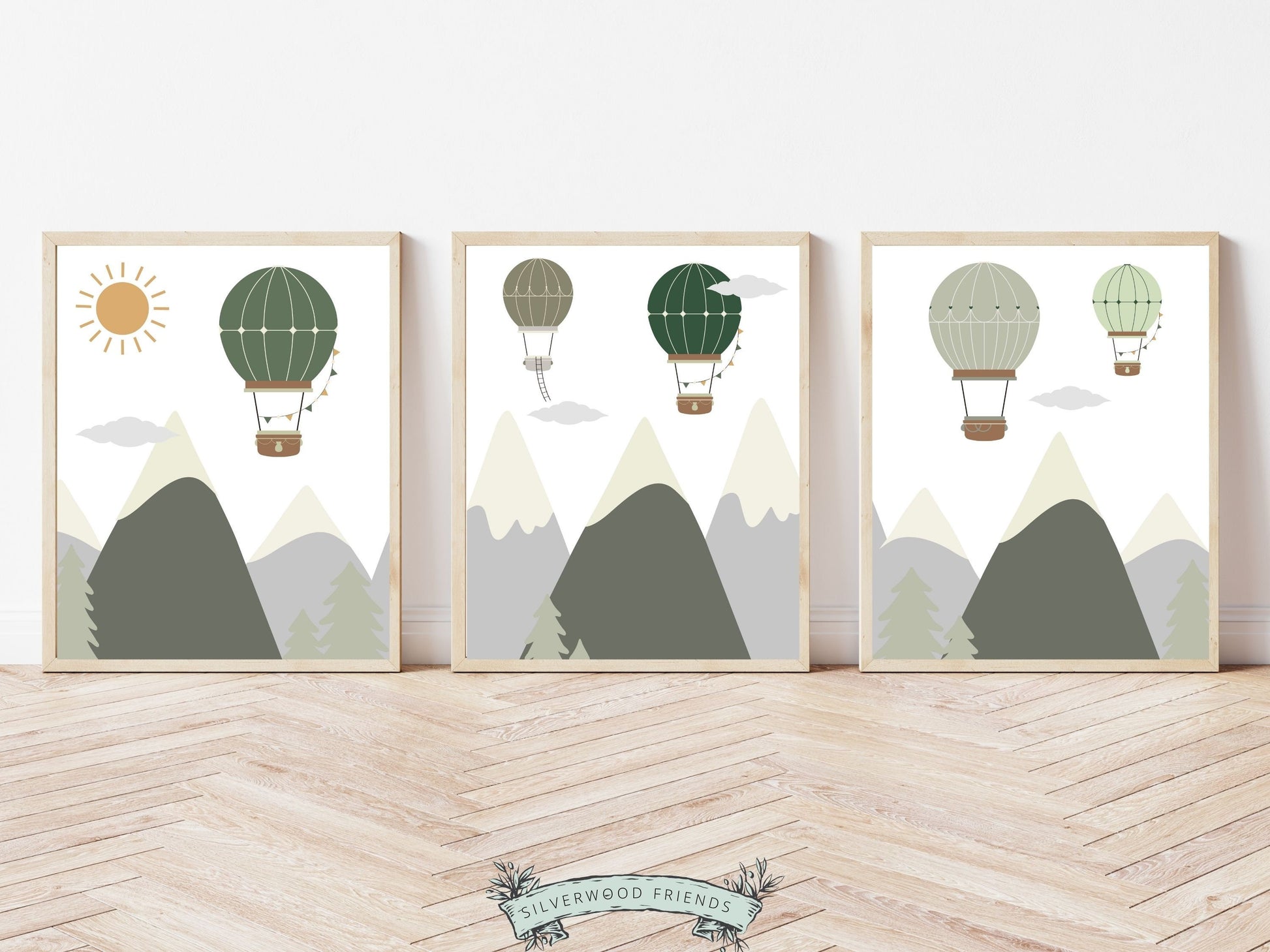 Green Hot Air Balloon Nursery Prints, Green Mountain Adventure Nursery Decor, Toddler Boys Transport Adventure Room Wall Decor Digital Print