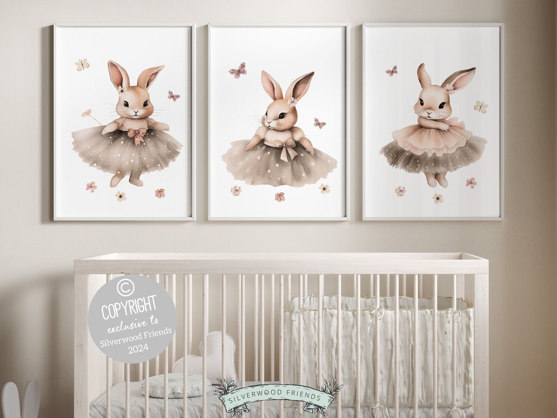 Our gorgeous Bunny Ballet Nursery Prints with watercolor bunny rabbits, wildflowers and butterflies, are perfect for your little girls nursery decor and also makes a unique baby shower gift.