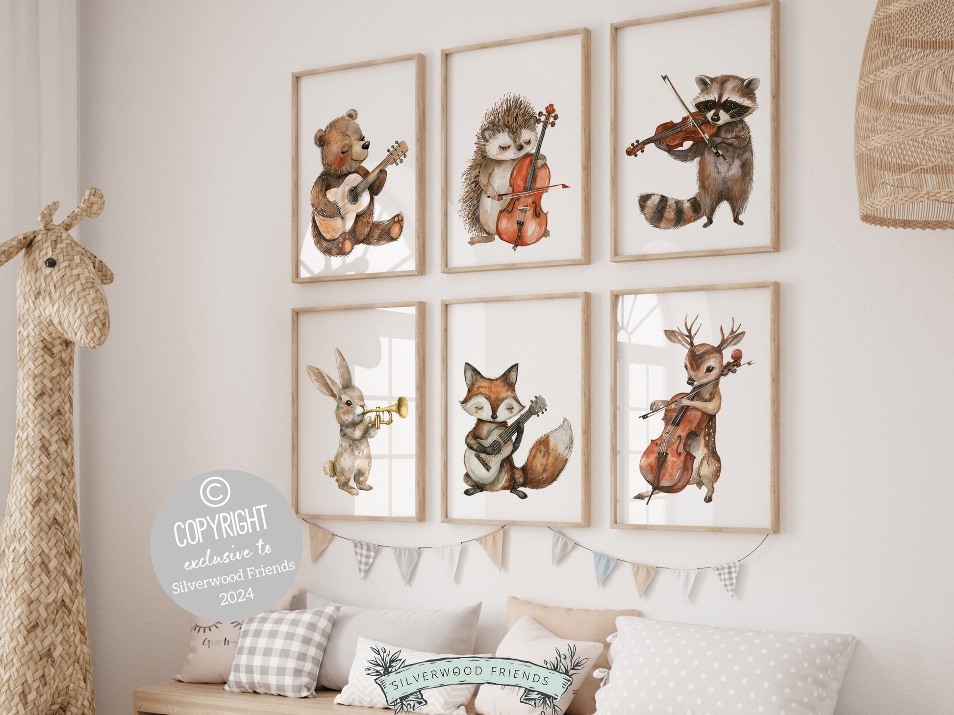 Add a touch of charm to your nursery with our adorable Woodland Musical Animal Nursery Prints, featuring a bear, hedgehog, raccoon, bunny, fox, and deer playing musical instruments. Perfect for woodland decor or as a unique baby shower gift.
