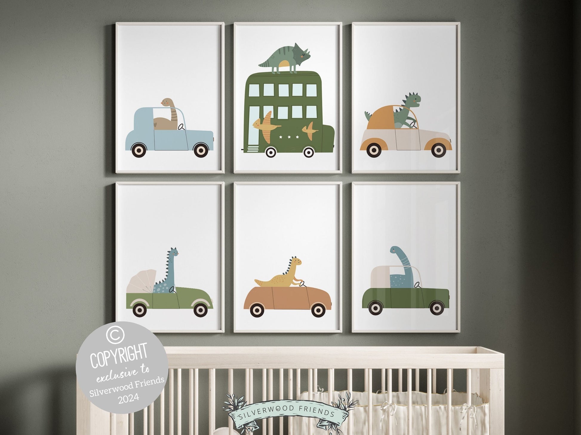 Set of 6 Dinosaur Car Nursery Prints features dinosaurs on wheels - the perfect addition to any dinosaur lovers nursery decor! Perfect for your dinosaur theme nursery or transport theme nursery and makes a unique dinosaur baby shower gift.