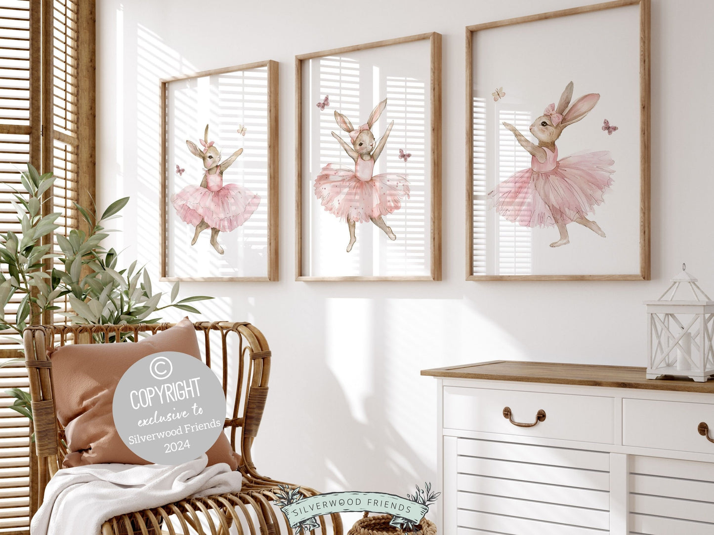 Baby Girl's Ballet Bunny Nursery Prints, Baby Girl Ballerina Bunny Nursery Decor, Ballerina Bunny Wildflower Nursery Wall Art Digital Prints