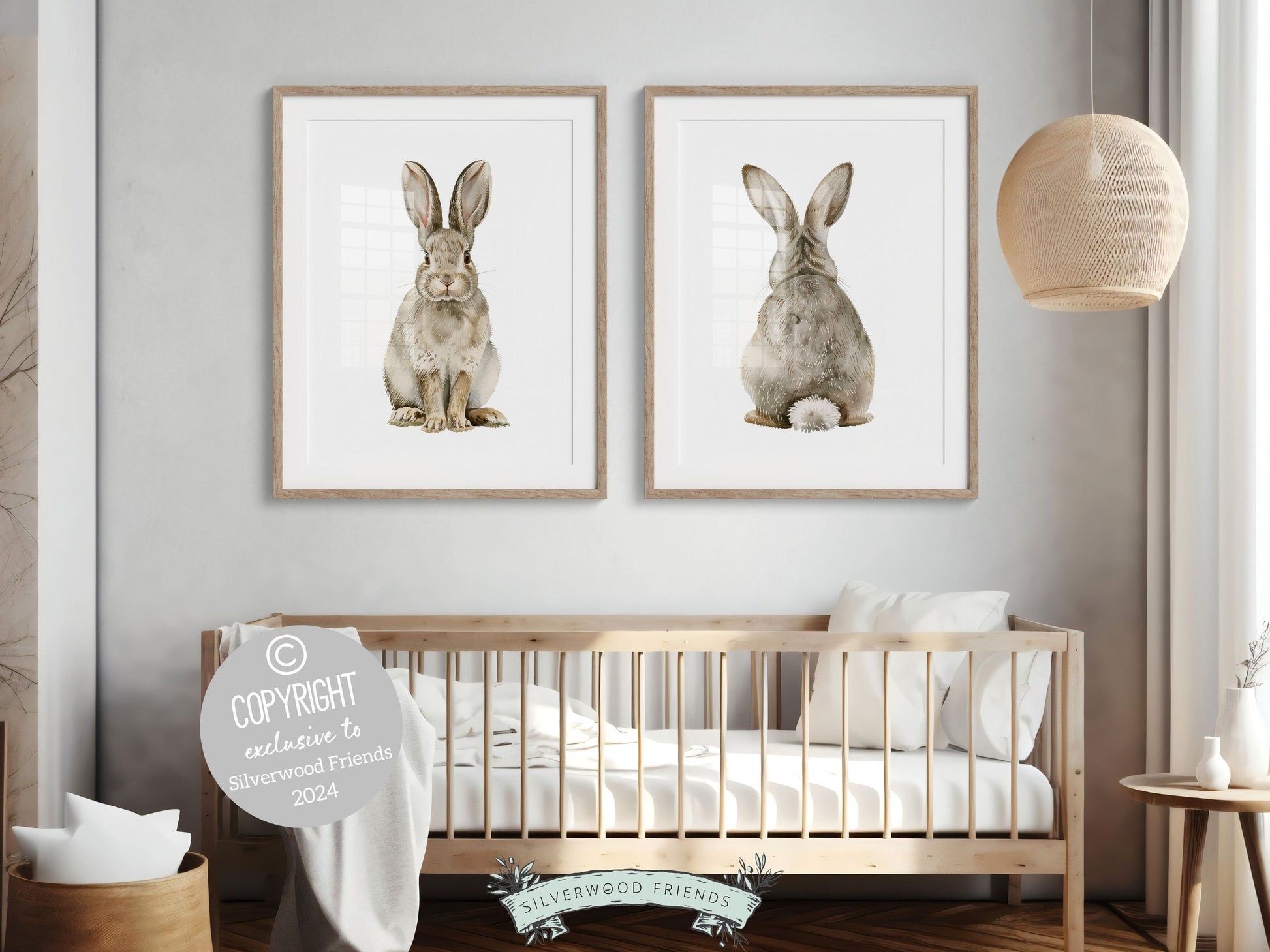 Bunny Nursery Print Set of 2, Bunny Rabbit Nursery Wall Art, Woodland Nursery Decor, Minimalist Neutral Nursery Bunny Tail Digital Print