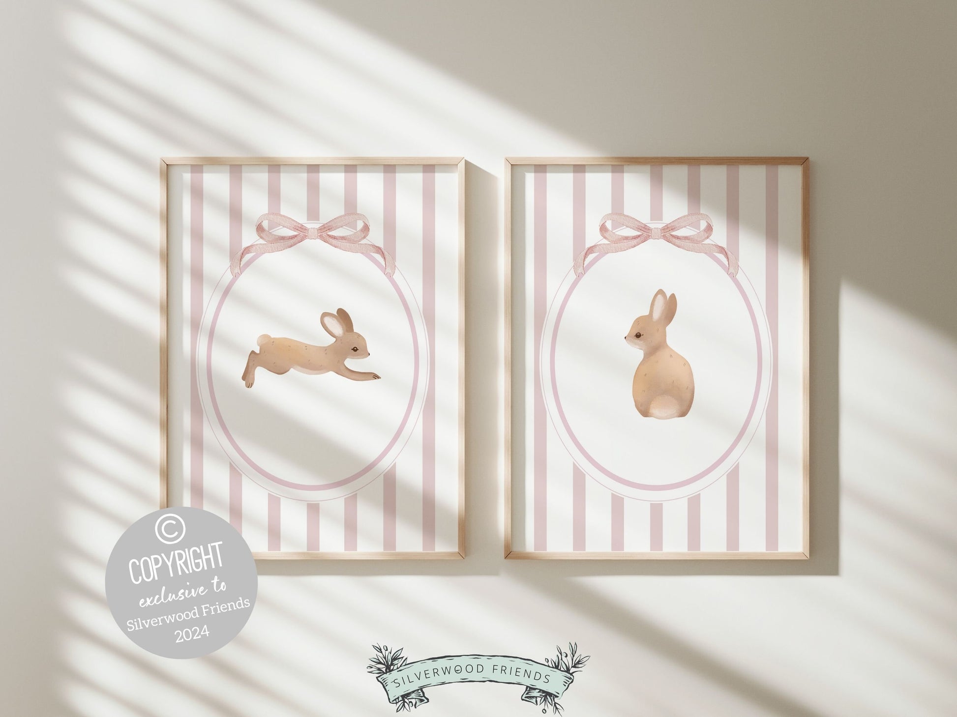 Bunny Nursery Print Set of 2, Bunny Rabbit Nursery Wall Art, Baby Girl Woodland Nursery Decor, Baby Girl Floral Bunny Nursery Digital Print