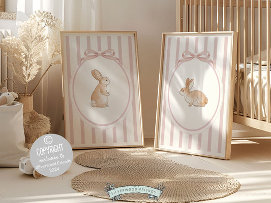 Baby Girl Bunny Nursery Prints, Bunny Rabbit Nursery Wall Art, Baby Girl Woodland Nursery Decor, Girls Pink Bedroom Wall Decor Digital Print