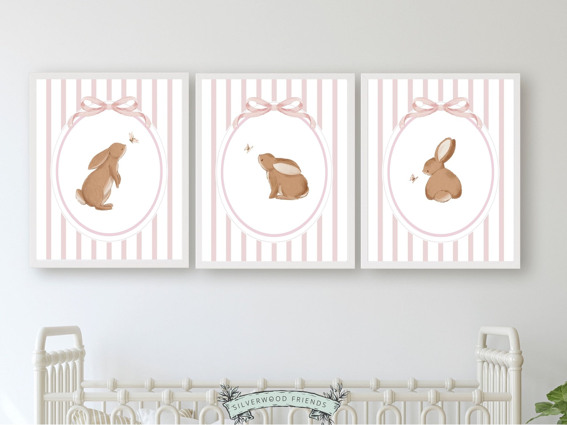 Baby Girl Bunny Nursery Prints, Bunny Rabbit Nursery Wall Art, Baby Girl Woodland Nursery Decor, Girls Pink Bedroom Wall Decor Digital Print