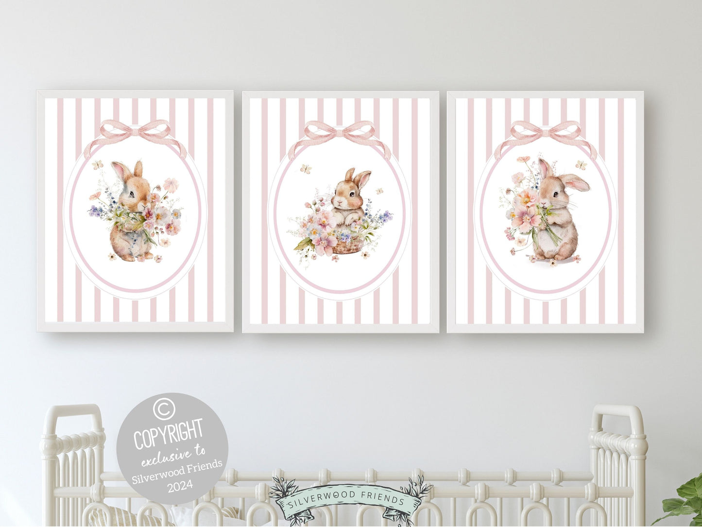 Bunny Nursery Prints with watercolor bunny rabbits, wildflower&#39;s and butterflies and pink and white chinoiserie stripes are perfect for your little girls wildflower nursery decor and also makes a unique baby shower gift.