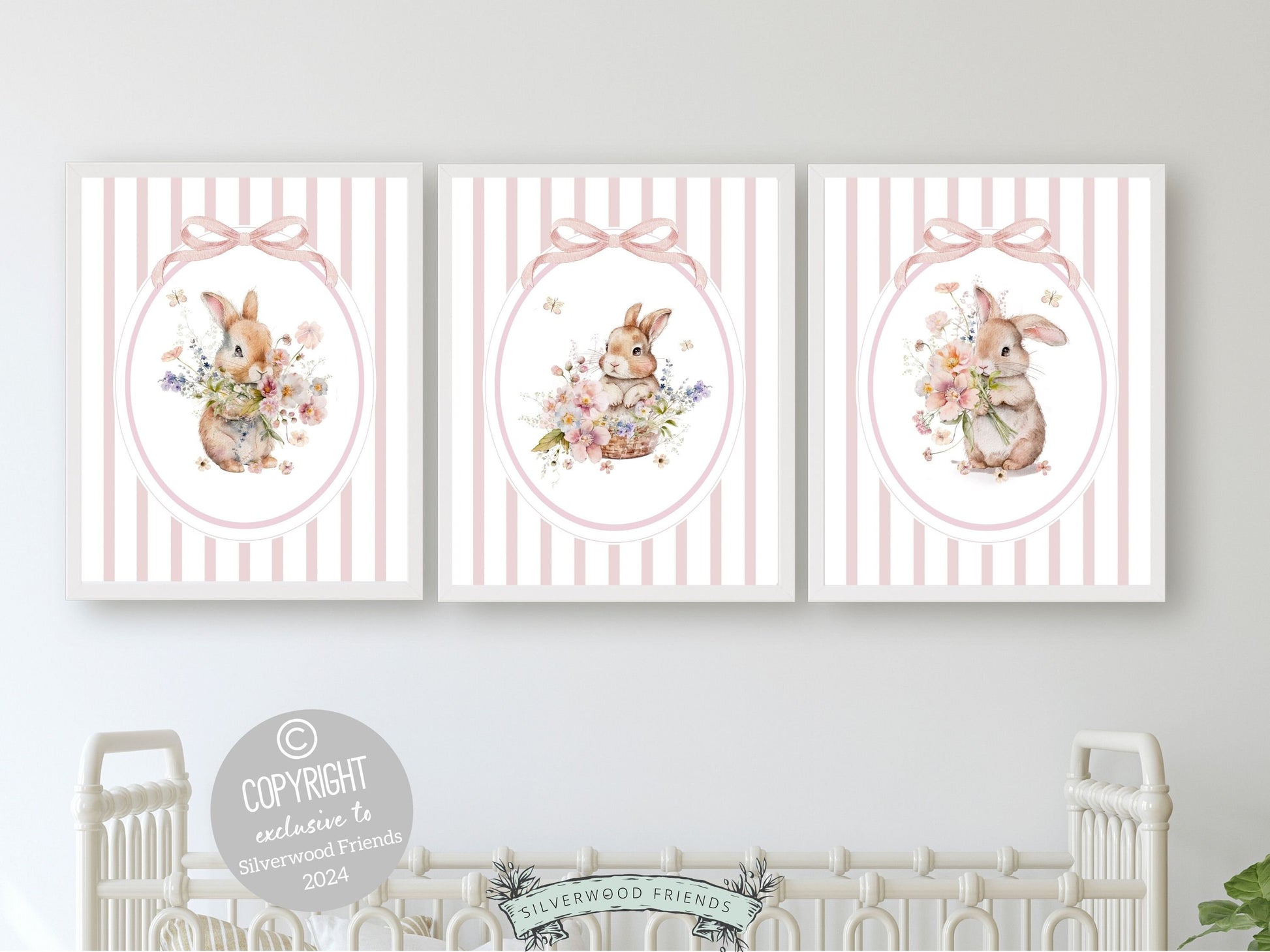 Bunny Nursery Prints with watercolor bunny rabbits, wildflower&#39;s and butterflies and pink and white chinoiserie stripes are perfect for your little girls wildflower nursery decor and also makes a unique baby shower gift.