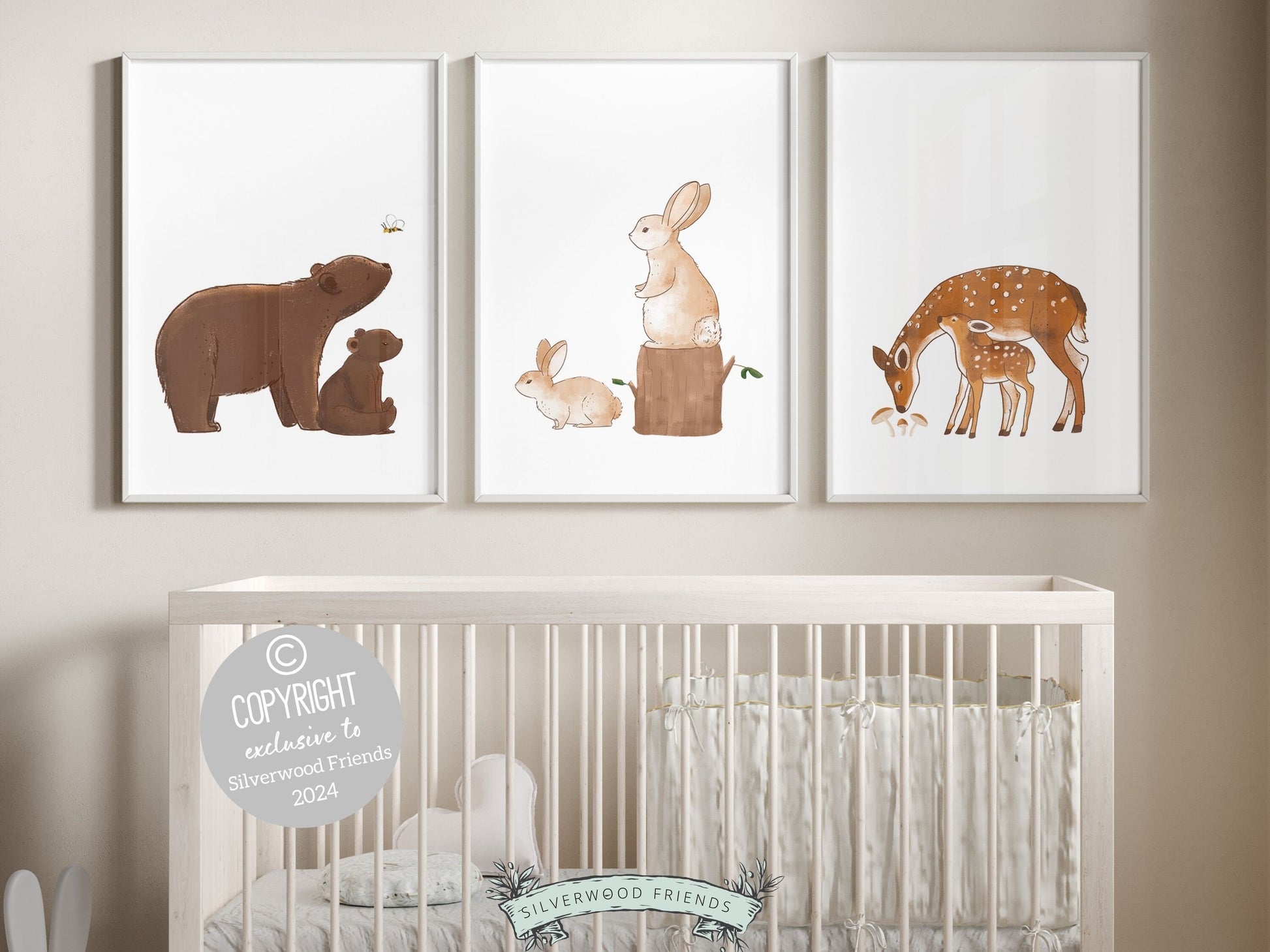Our adorable Woodland Animal Prints featuring bears, bunny rabbits and deers will transform your childs room and is the perfect addition to your babys woodland nursery decor or as a gender neutral baby shower gift.
