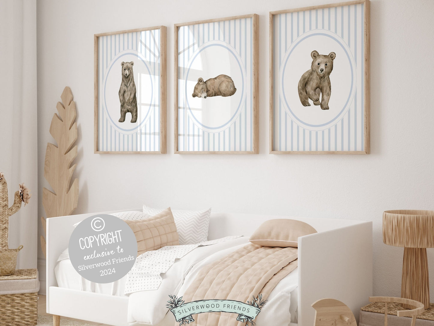 Set of 3 Bear Nursery Prints features adorable baby brown bears with blue and white chinoiserie stripes. Perfect for your baby boys bear nursery decor or woodland nursery decor and also makes a unique baby shower gift.