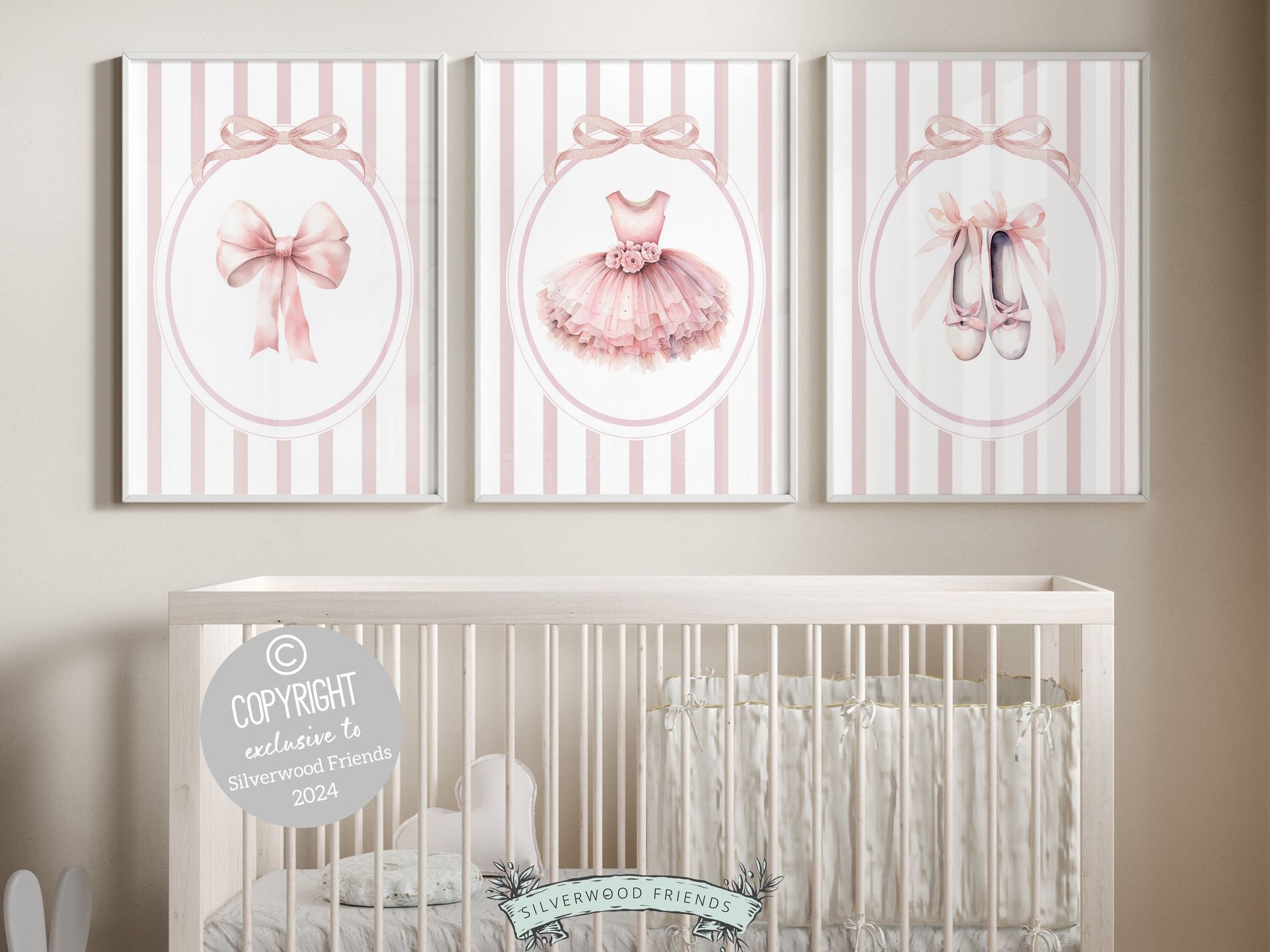 Set of 3 Ballet Prints. These whimsical artworks are an ideal addition to ballet nursery decor, creating a dreamy ambiance or making for a distinctive baby girls baby shower gift that captivates the magic of twirls and tiptoes.