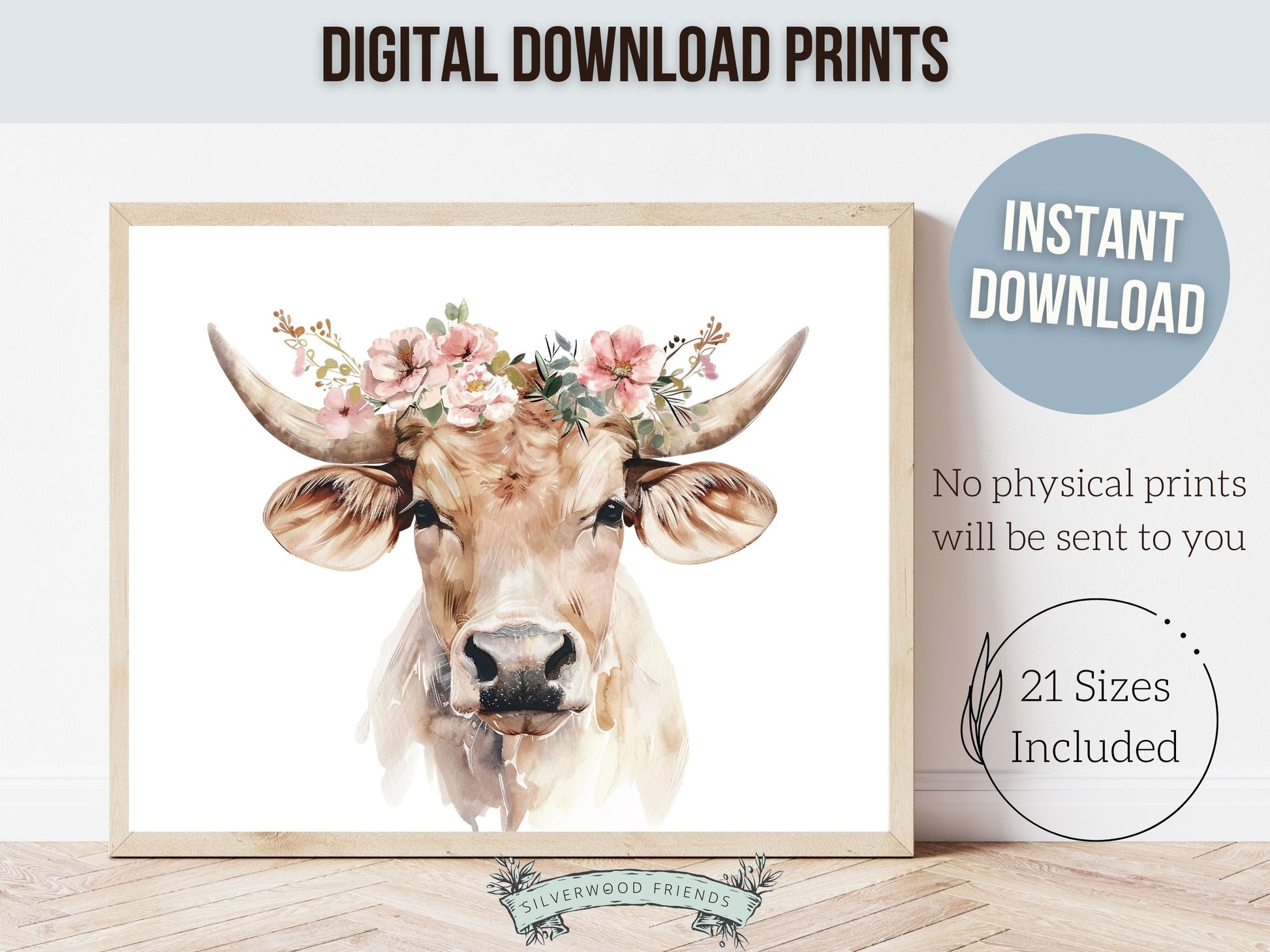 Highland Cow Print, Highland Cow Nursery Decor, Highland Cow Gift Kids Farm Bedroom Wall Decor, Floral Highland Cow Nursery Digital Print
