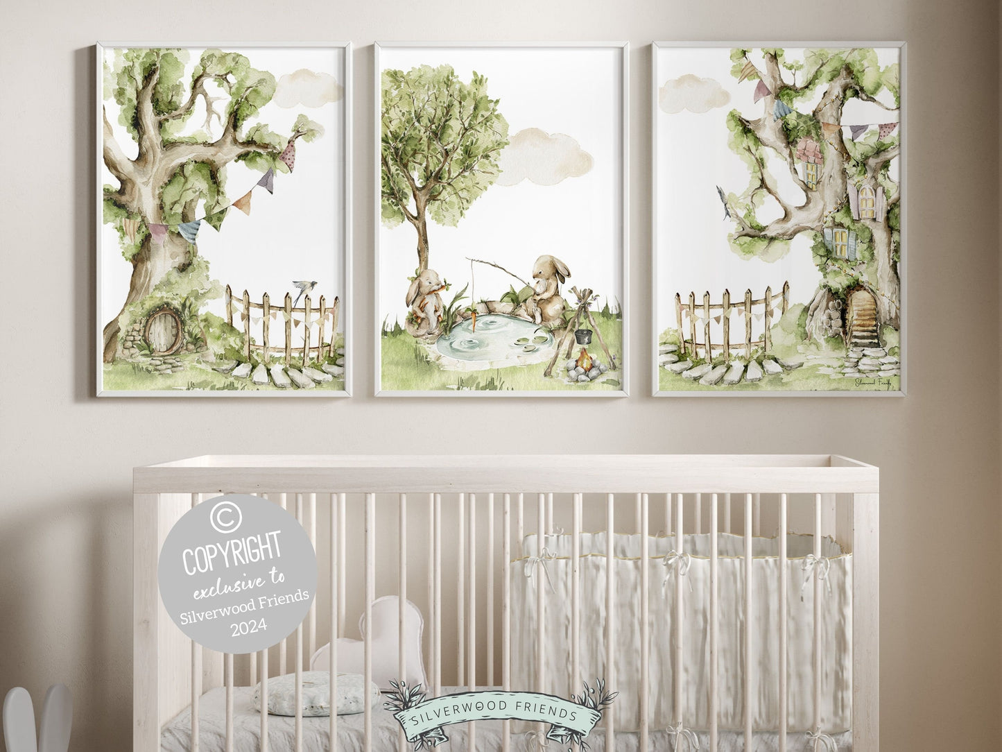 Our adorable watercolor Camping Nursery Prints with woodland bunny rabbits fishing is the perfect addition to your babys woodland nursery or forest theme bedroom and also make a lovely woodland bunny baby shower gift.