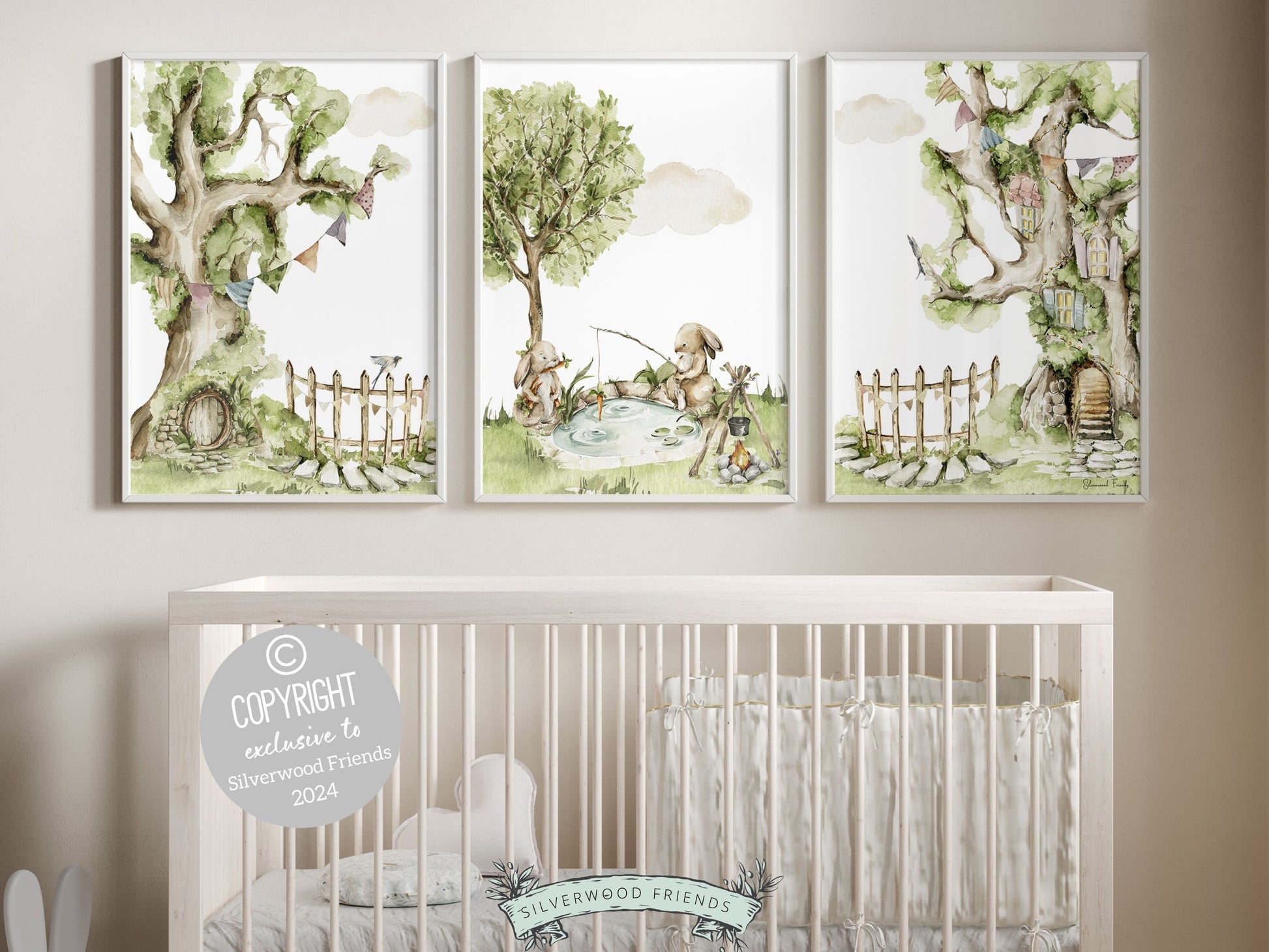 Our adorable watercolor Camping Nursery Prints with woodland bunny rabbits fishing is the perfect addition to your babys woodland nursery or forest theme bedroom and also make a lovely woodland bunny baby shower gift.