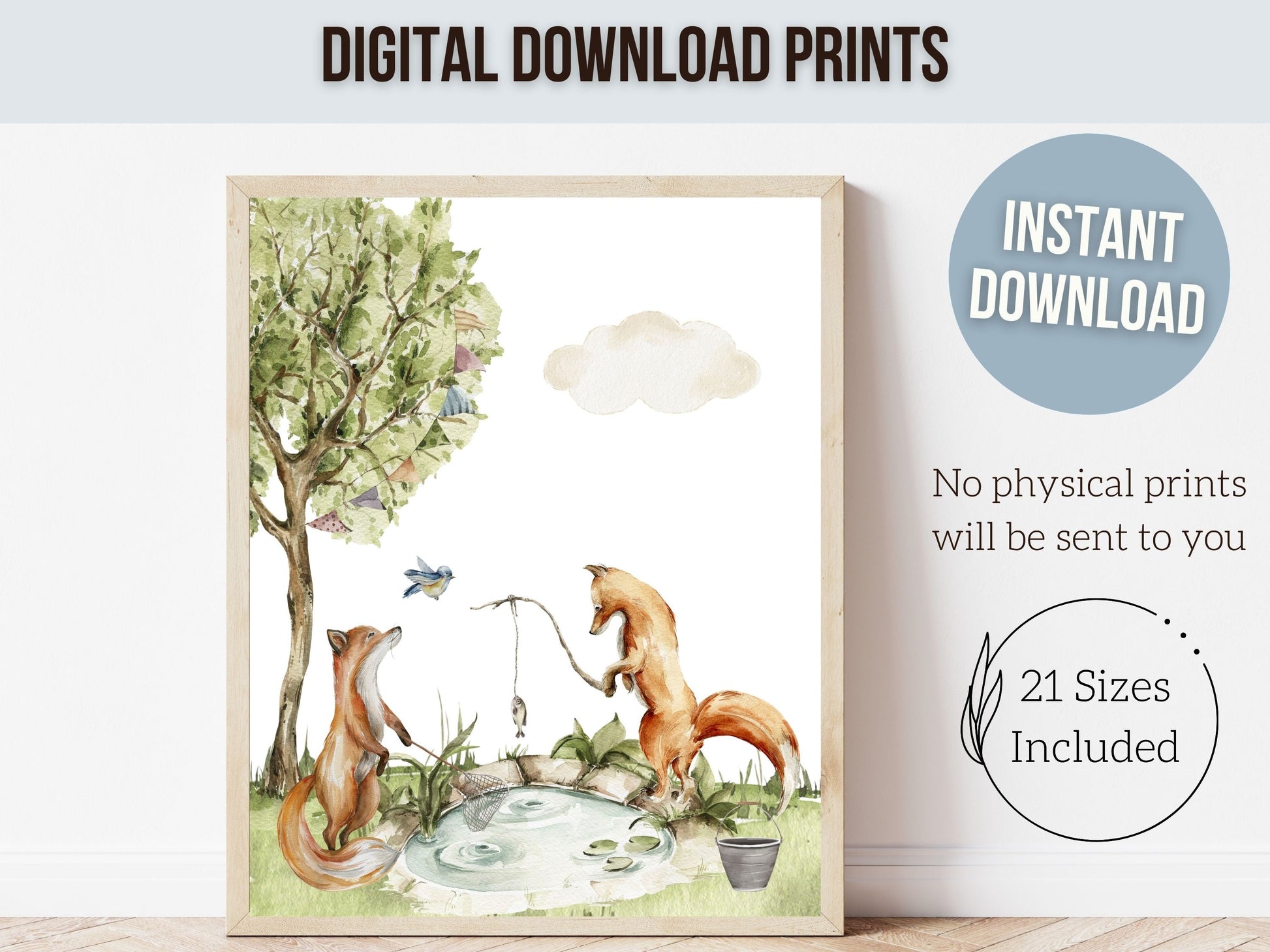 Camping Animal Nursery Prints, Woodland Fishing Nursery Decor, Fox Nursery Wall Art, Nature Nursery Picture Forest Fox Nursery Digital Print
