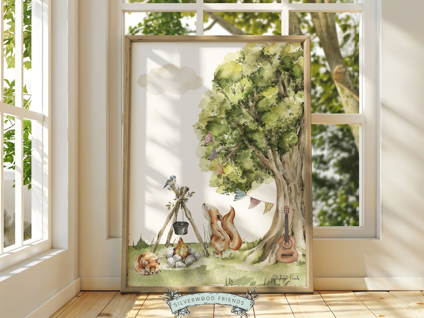 Camping Animal Nursery Prints, Woodland Fishing Nursery Decor, Fox Nursery Wall Art, Nature Nursery Picture Forest Fox Nursery Digital Print