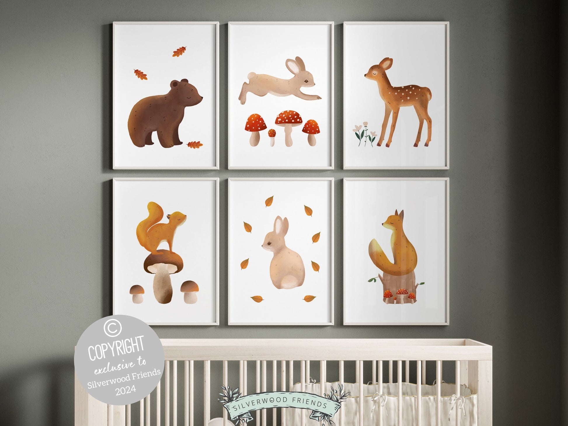 Set of 6 Woodland Nursery Prints, featuring an adorable woodland animals amidst delightful mushrooms and fall leaves — perfect for creating a whimsical atmosphere in your woodland nursery decor or as a heartwarming gender neutral baby shower gift.