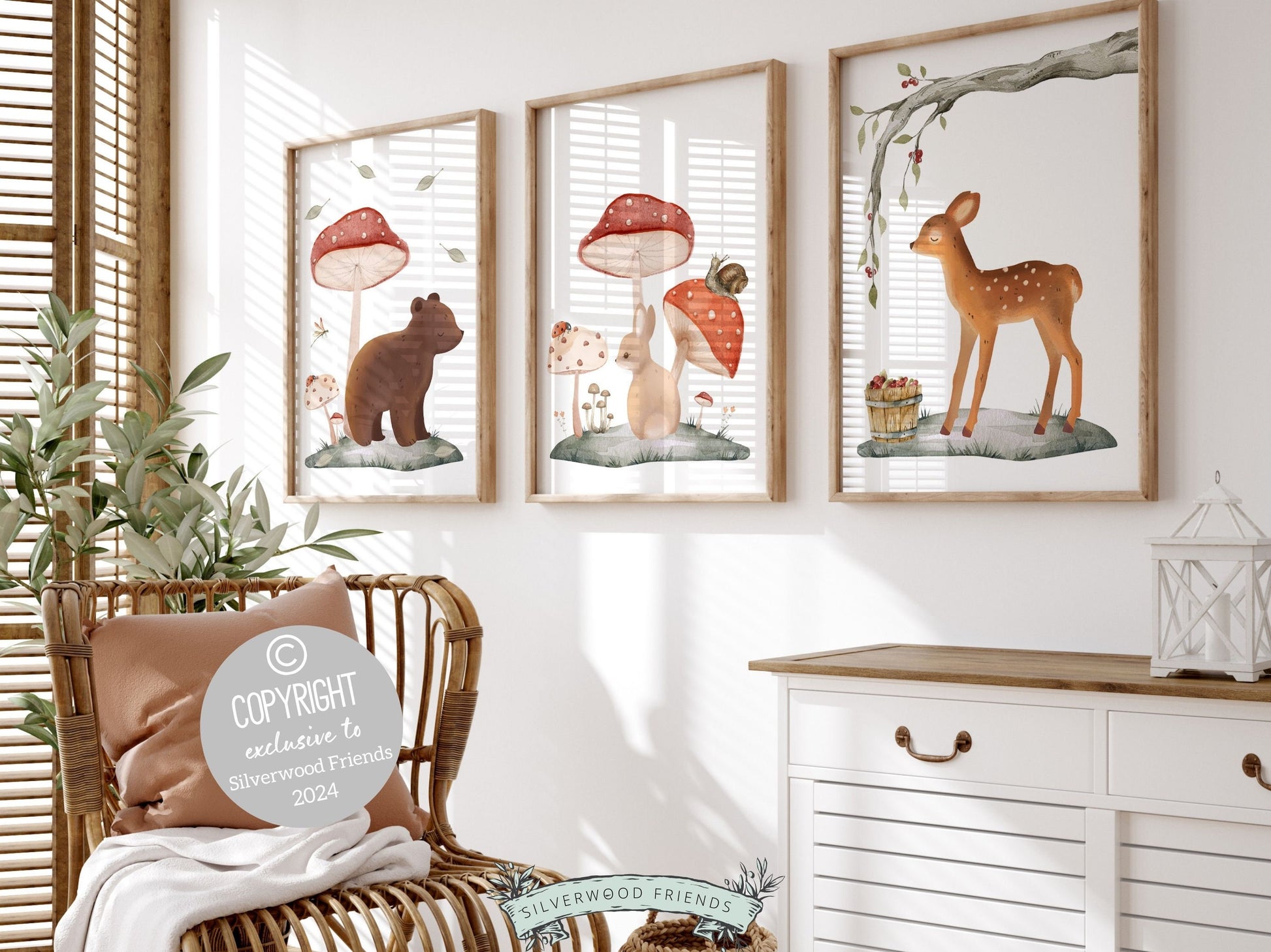 Set of 3 Woodland Nursery Prints, featuring adorable woodland animals amidst delightful mushrooms — perfect for creating a whimsical atmosphere in your woodland nursery decor or as a heartwarming gender neutral baby shower gift.
